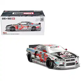 True Scale Miniatures - Nissan Skyline GT-R (R34) "Kaido Star Racing V1" RHD #25 Gray Metallic with Black and Graphics 1/64 Model Car by Mini GT