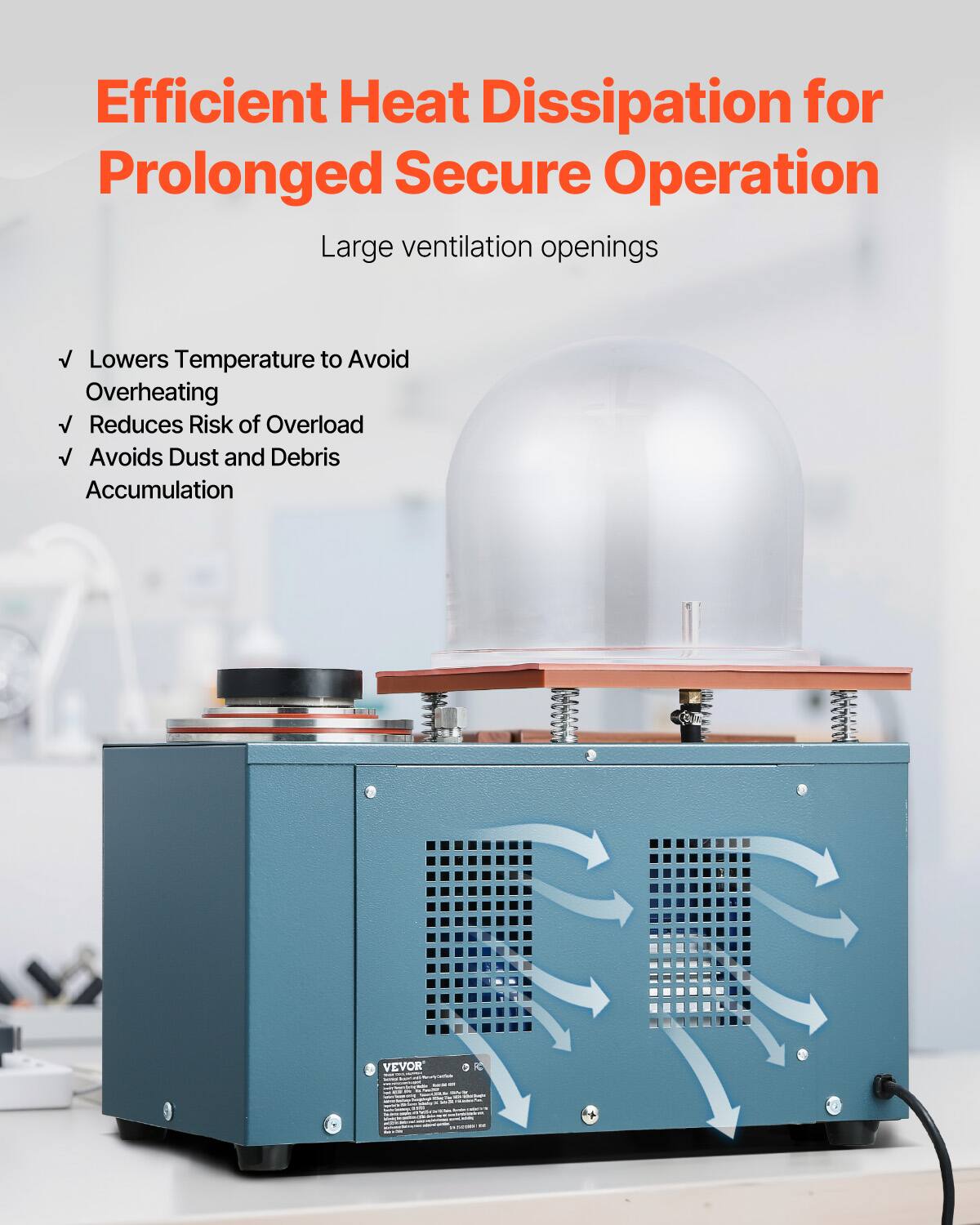 Efficient Heat Dissipation for Prolonged Secure Operation  
Large ventilation openings  

- Lowers Temperature to Avoid Overheating  
- Reduces Risk of Overload  
- Avoids Dust and Debris Accumulation  

ADVITIVA HANKYU  
VEVOR - prenciale  
0 FC  
- comments -  
CHE  
PORT
