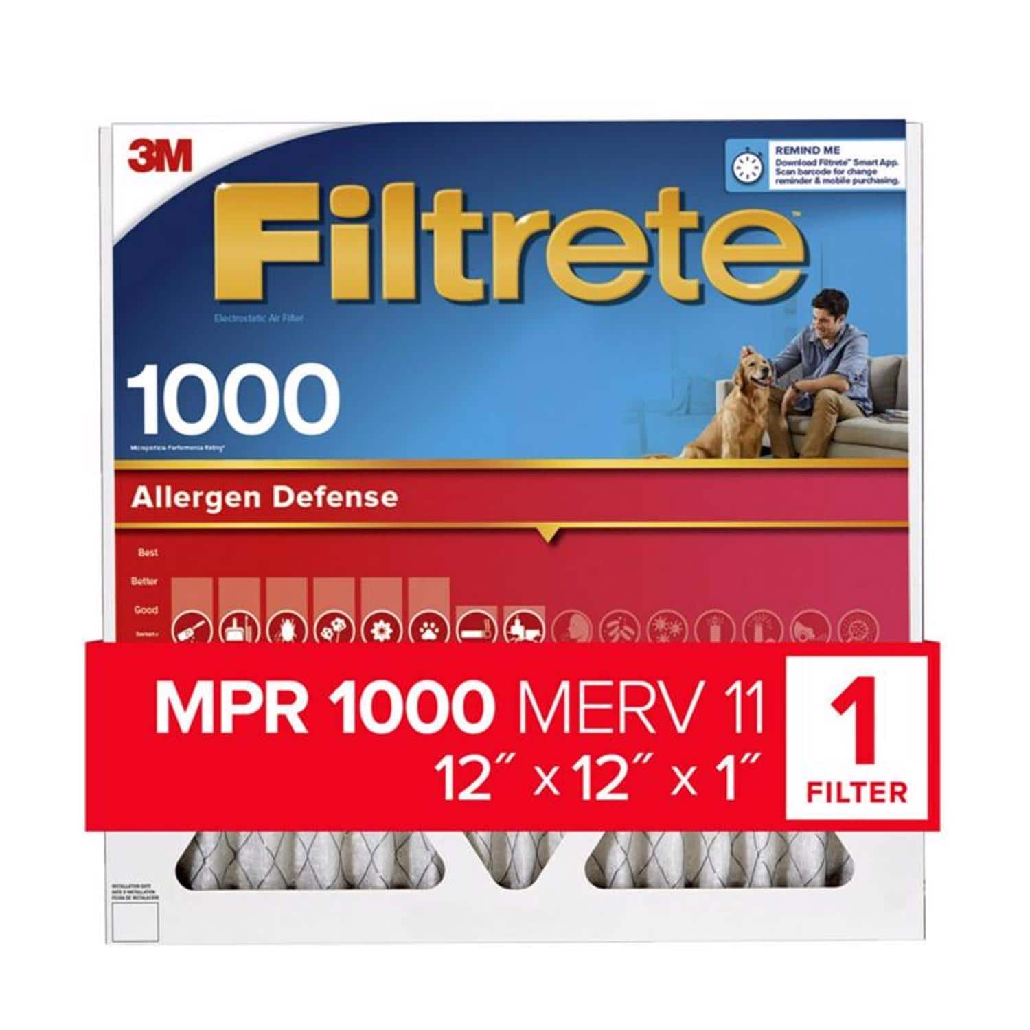 Filtrete - Allergen Defense 12 in. W X 12 in. H X 1 in. D 1000 MPR Pleated Air Filter 1 pk