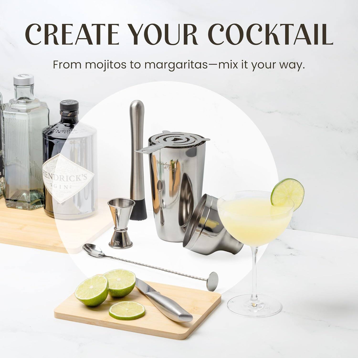 CREATE YOUR COCKTAIL  
From mojitos to margaritas—mix it your way.  
BENDRICK'S GIN