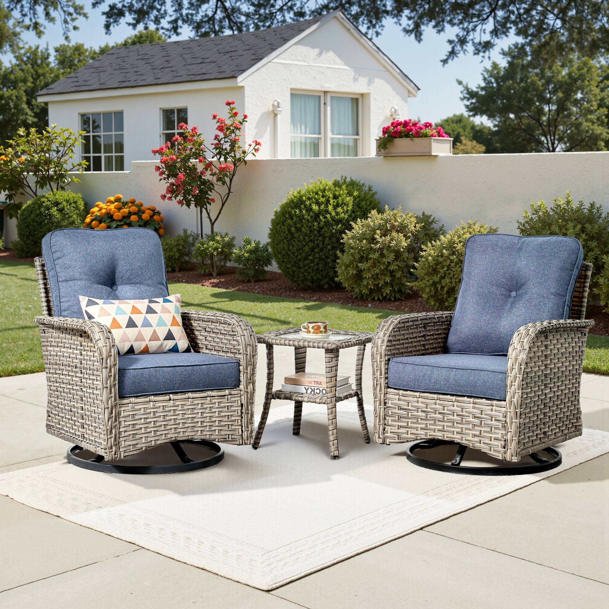 Ovios - 3 PCS Patio Rocker Set, Wicker Rocking Chairs, Rattan Swivel Chairs with Side Table - Denim Blue