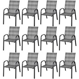Costway - Set of 12 Patio Rattan Dining Chairs Stackable Armrest Garden - Gray
