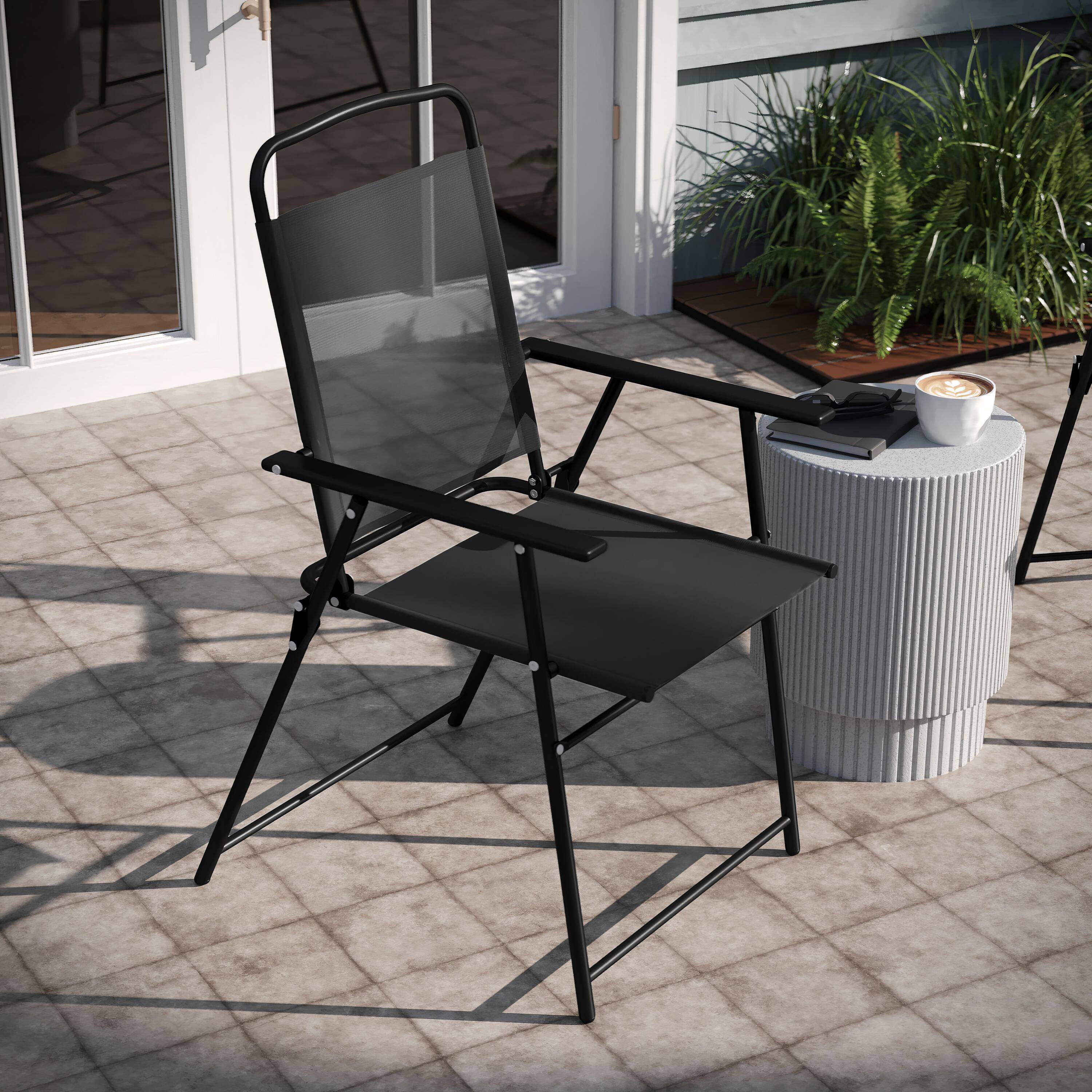 Alt View 4. Emma + Oliver - Munroe Set of 4 Textilene Folding Sling Style Patio Chairs with Armrests - Black.