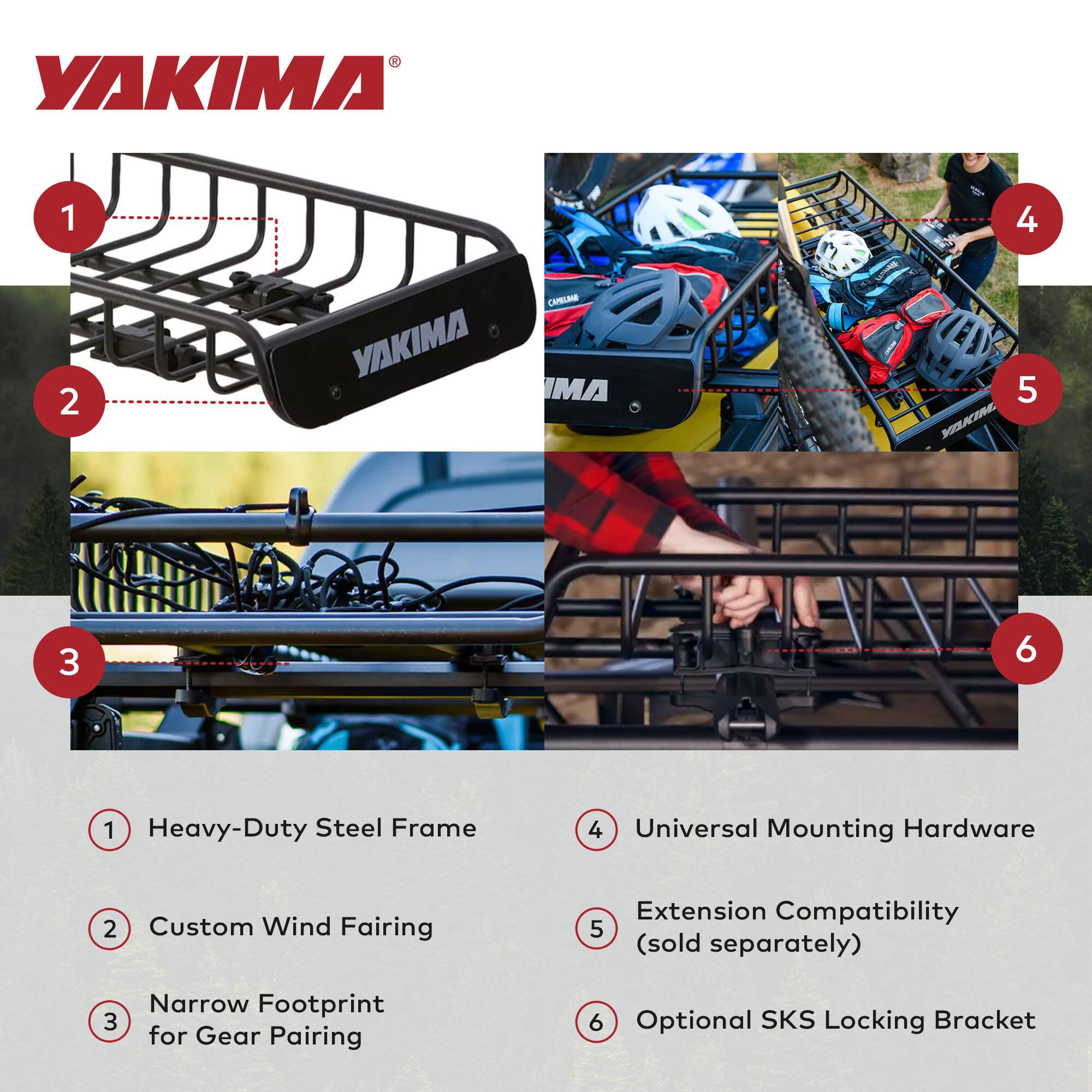 1. Heavy-Duty Steel Frame  
2. Custom Wind Fairing  
3. Narrow Footprint for Gear Pairing  
4. Universal Mounting Hardware  
5. Extension Compatibility (sold separately)  
6. Optional SKS Locking Bracket