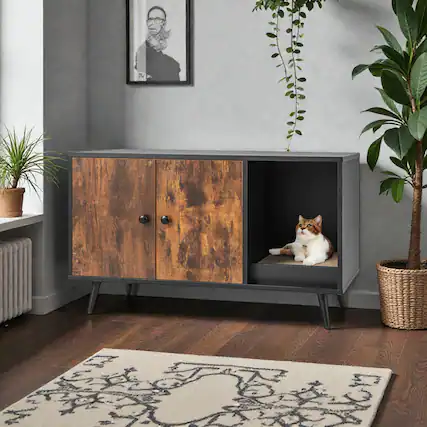 Front. BreeBe - Enclosed Cat Litter Box House with Two-Door Access Cabinet - Black,Natural.