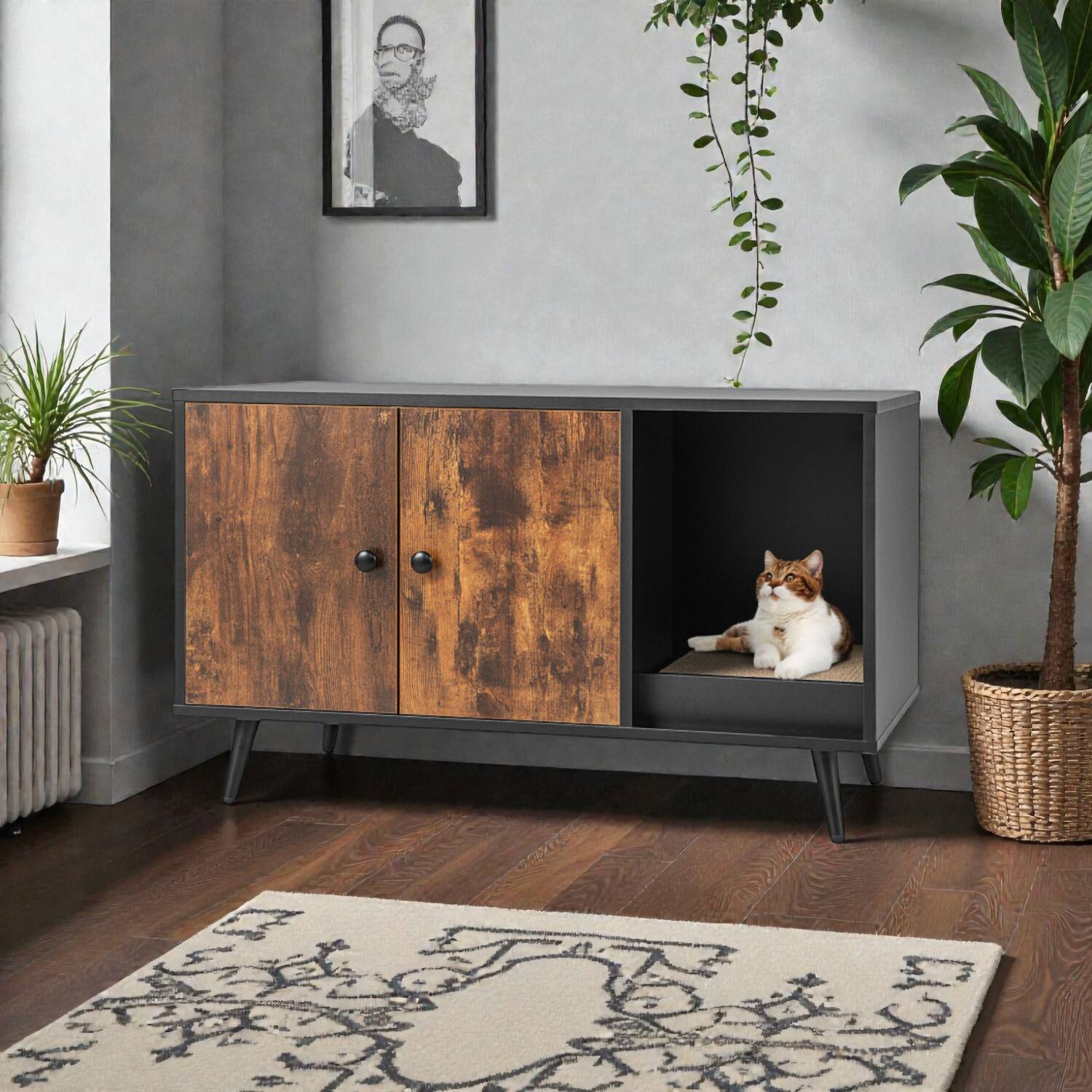 Front. BreeBe - Enclosed Cat Litter Box House with Two-Door Access Cabinet - Black,Natural.