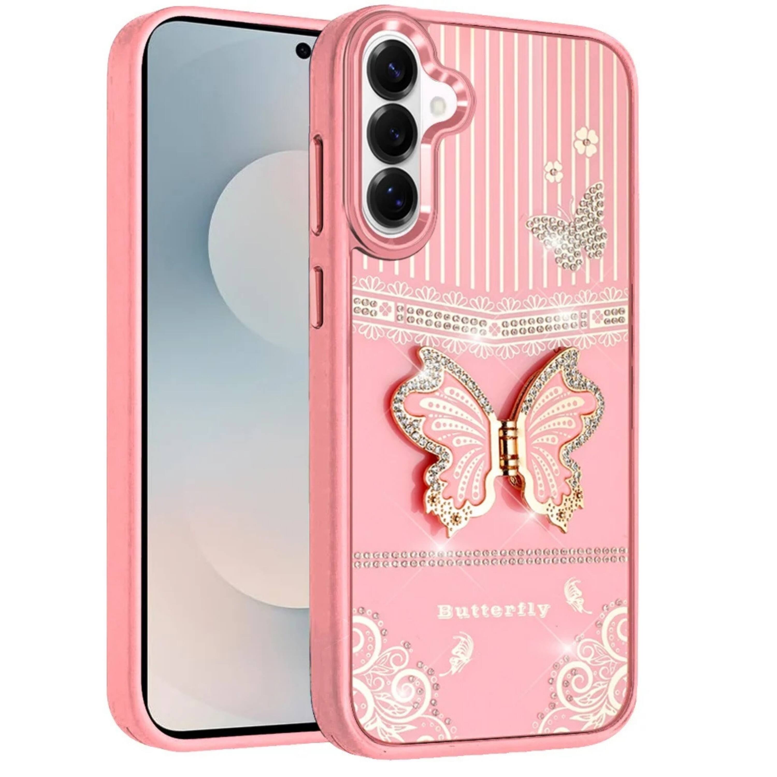 Angle. Kitcheniva - 3D Butterfly Bling Charm Stand Phone Case With Tempered Glass For Samsung S26 6.3 Inch Light Pink - Light Pink.