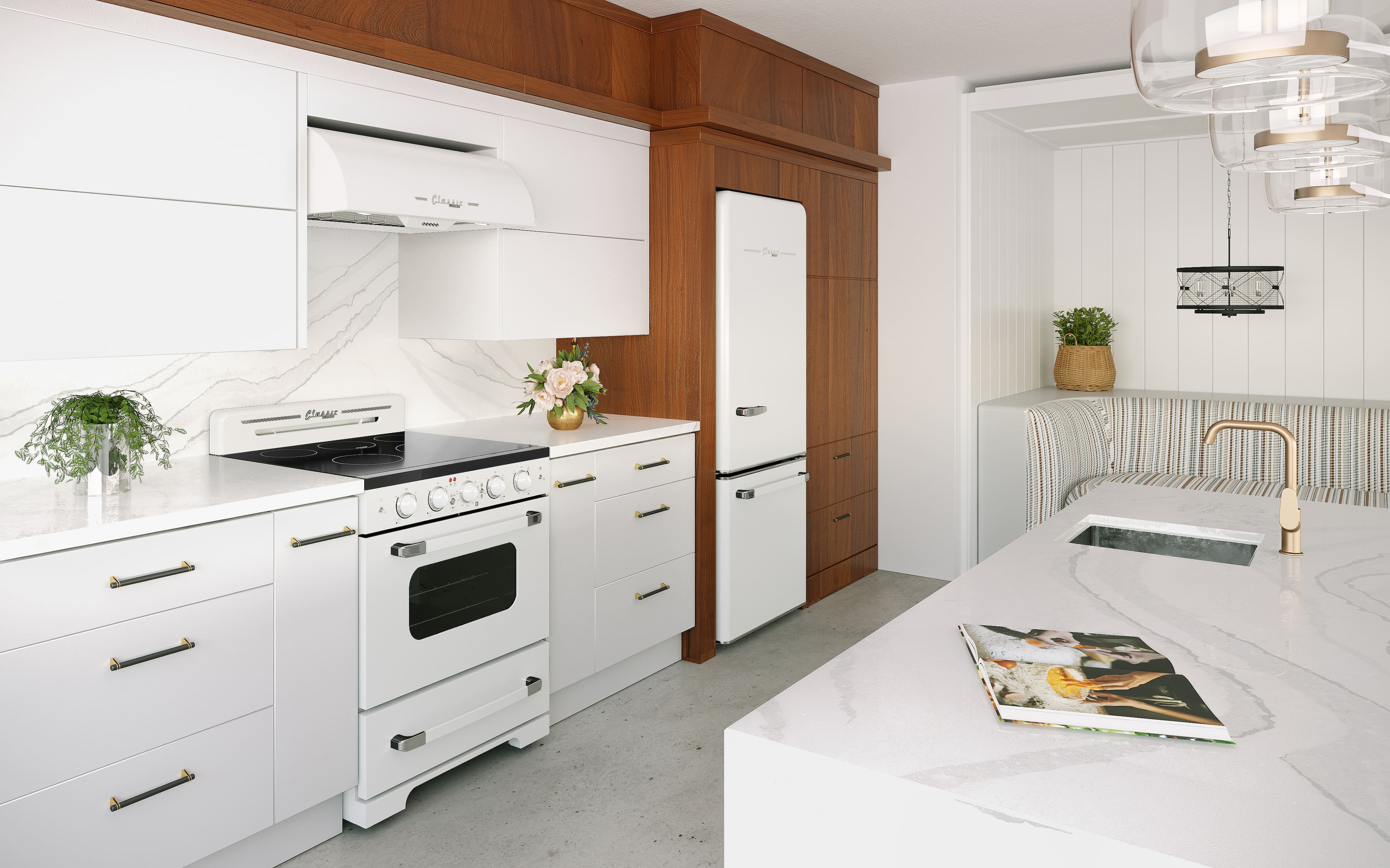 The text on the image is not coherent or related to the image content. It does not provide any useful information about the kitchen.