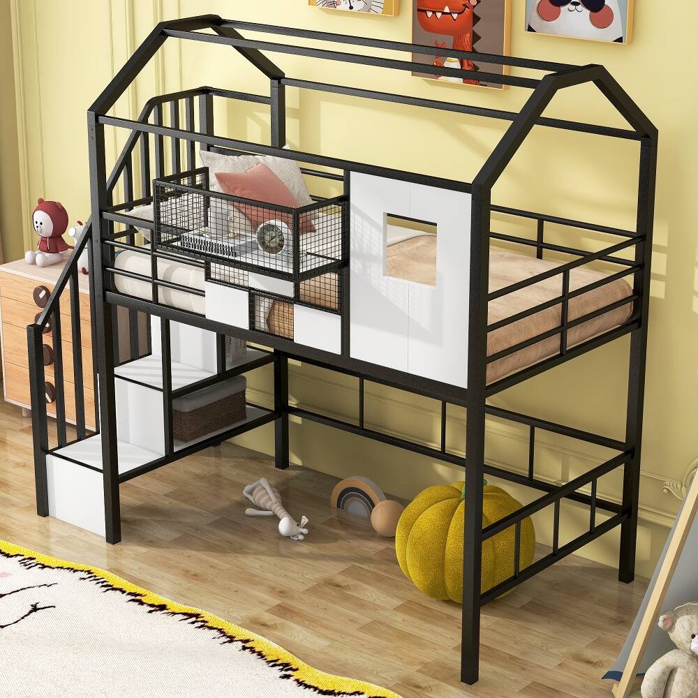 Angle. Loheer - Loheer Metal Loft Bed with Roof Design Twin Size Black House Loft Bed with Storage Box and Integrated Ladder - Black.