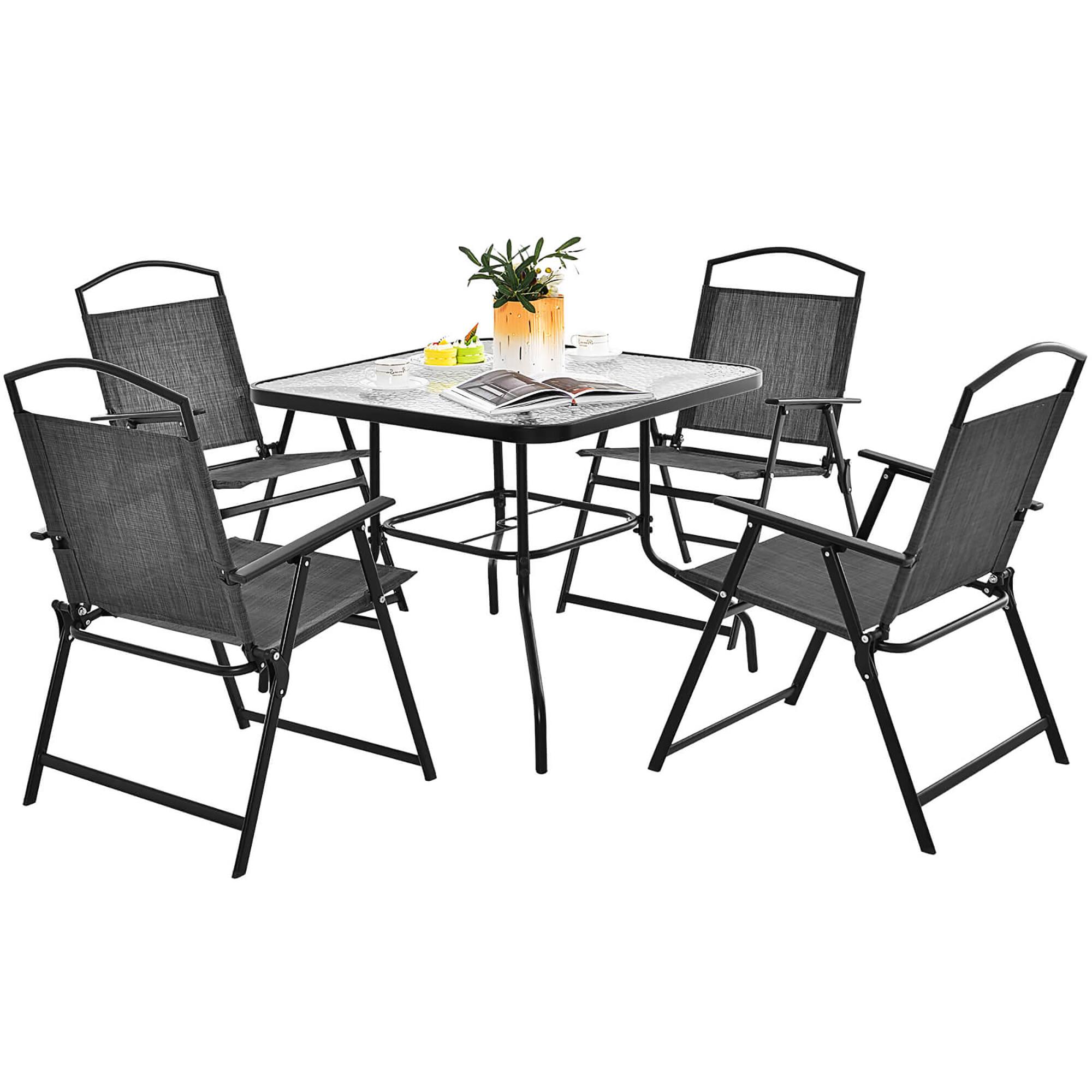 Front. Gymax - Gymax Dining Set for 4 Folding Chairs & Dining Table Set w/ Umbrella Hole Patio - Gray.