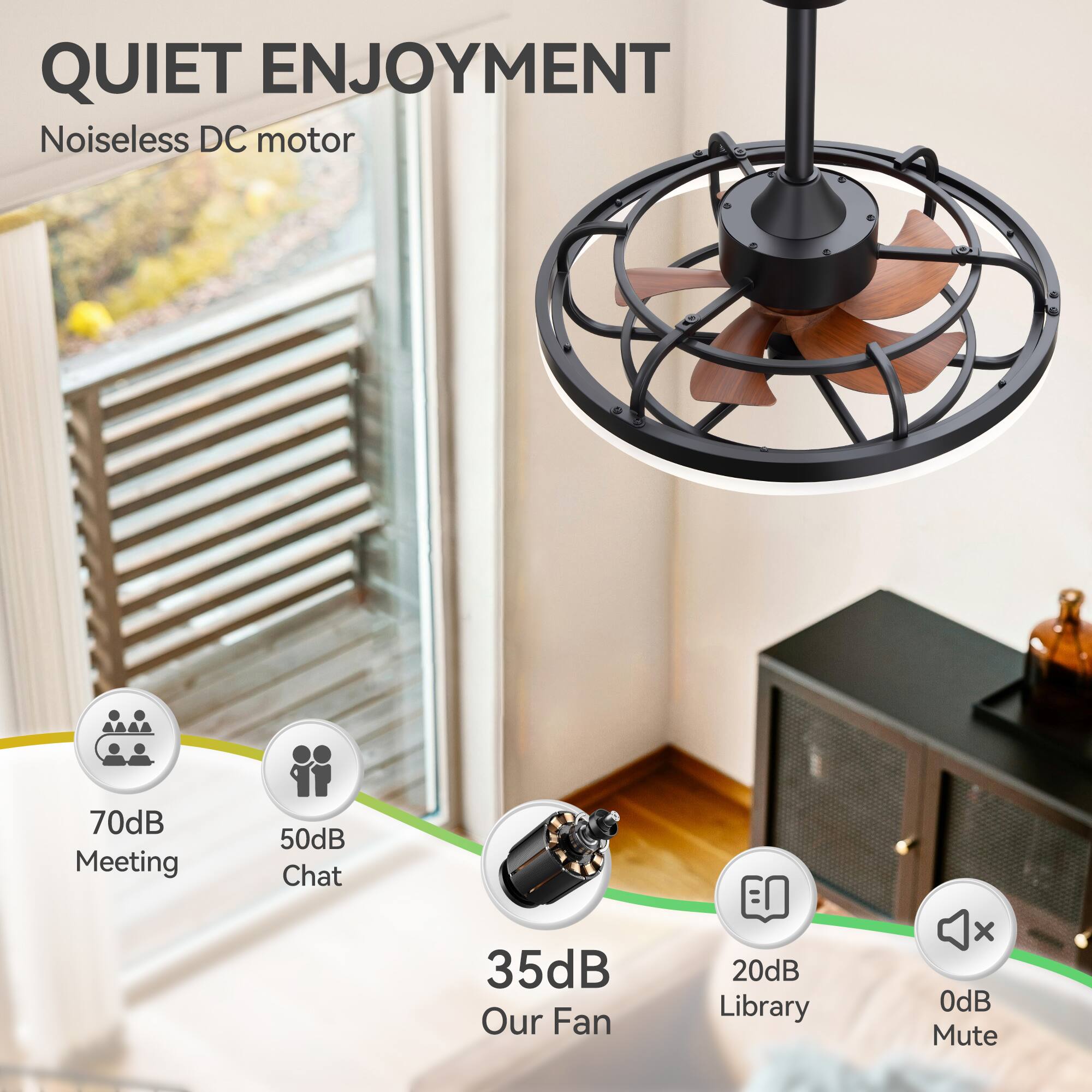 QUIET ENJOYMENT
Noiseless DC motor
70dB Meeting
50dB Chat
35dB Our Fan
20dB Library
0dB Mute