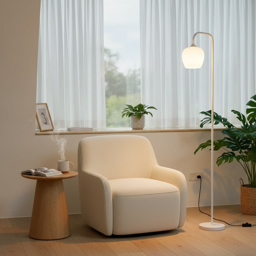 Alt View 4. FINEAK - Modern White Floor Lamp - Standing Lamp with Opal Glass Shade & LED Bulb - White.