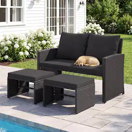 Costway - Outdoor Loveseat with Ottomans, 3 Pieces Patio PE Wicker Furniture Set with Cushions - Black + Black