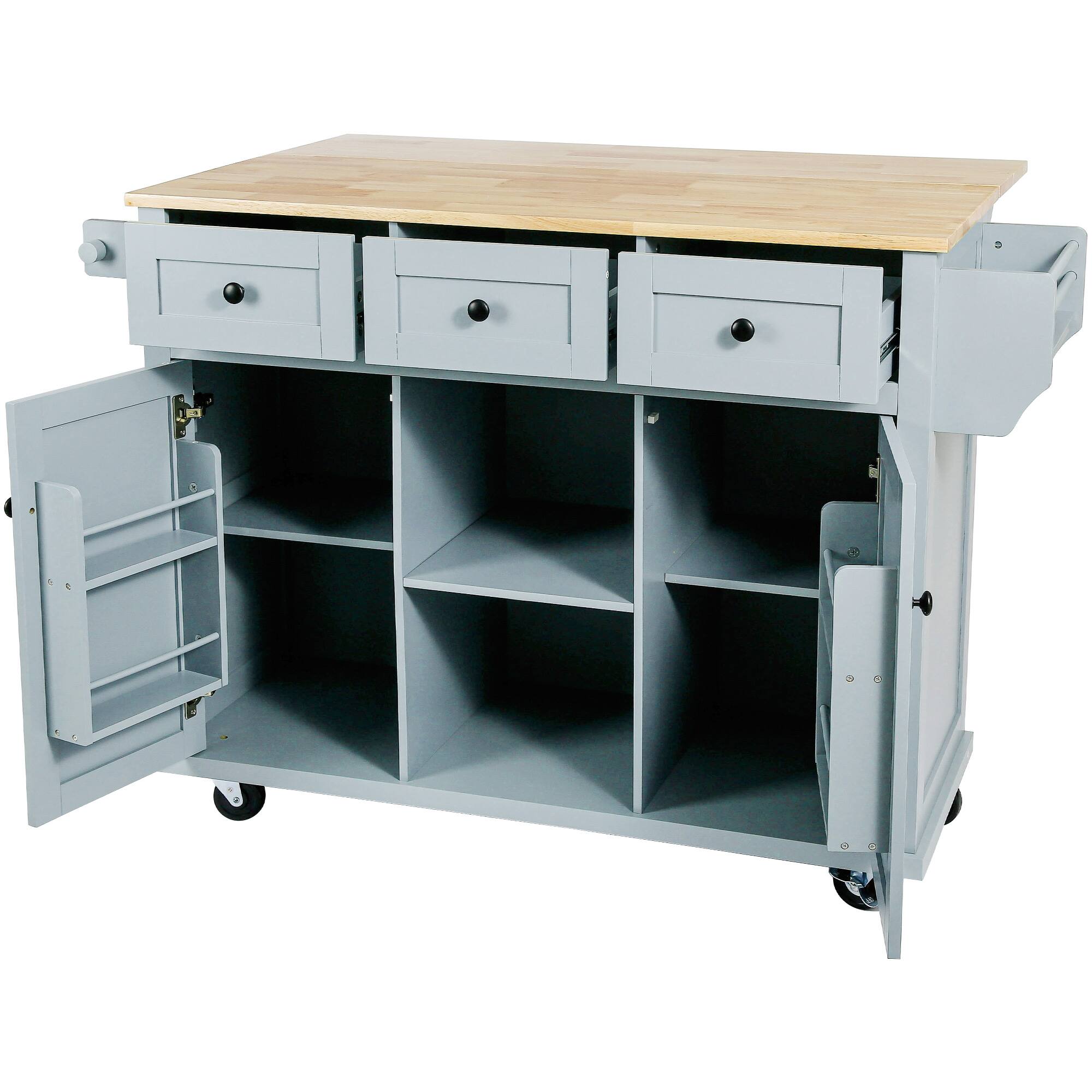 Alt View 8. Forest'nSky - Kitchen Cart with Rubber Wood Drop-Leaf Countertop – 5 Wheels, Storage Cabinet, 3 Drawers & Internal Door Racks, Blue - Blue.