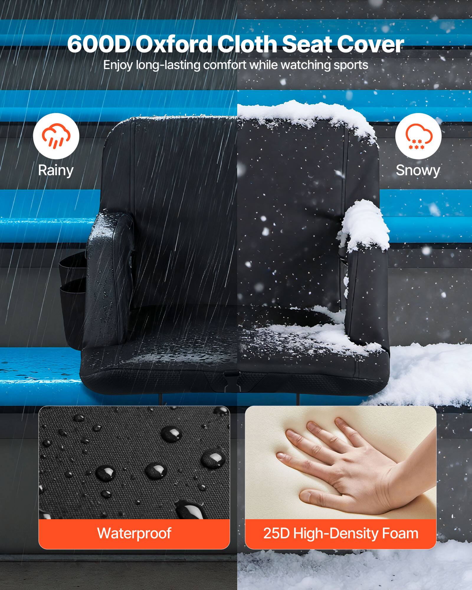 600D Oxford Cloth Seat Cover  
Enjoy long-lasting comfort while watching sports  

Rainy  
Snowy  
Waterproof  
25D High-Density Foam