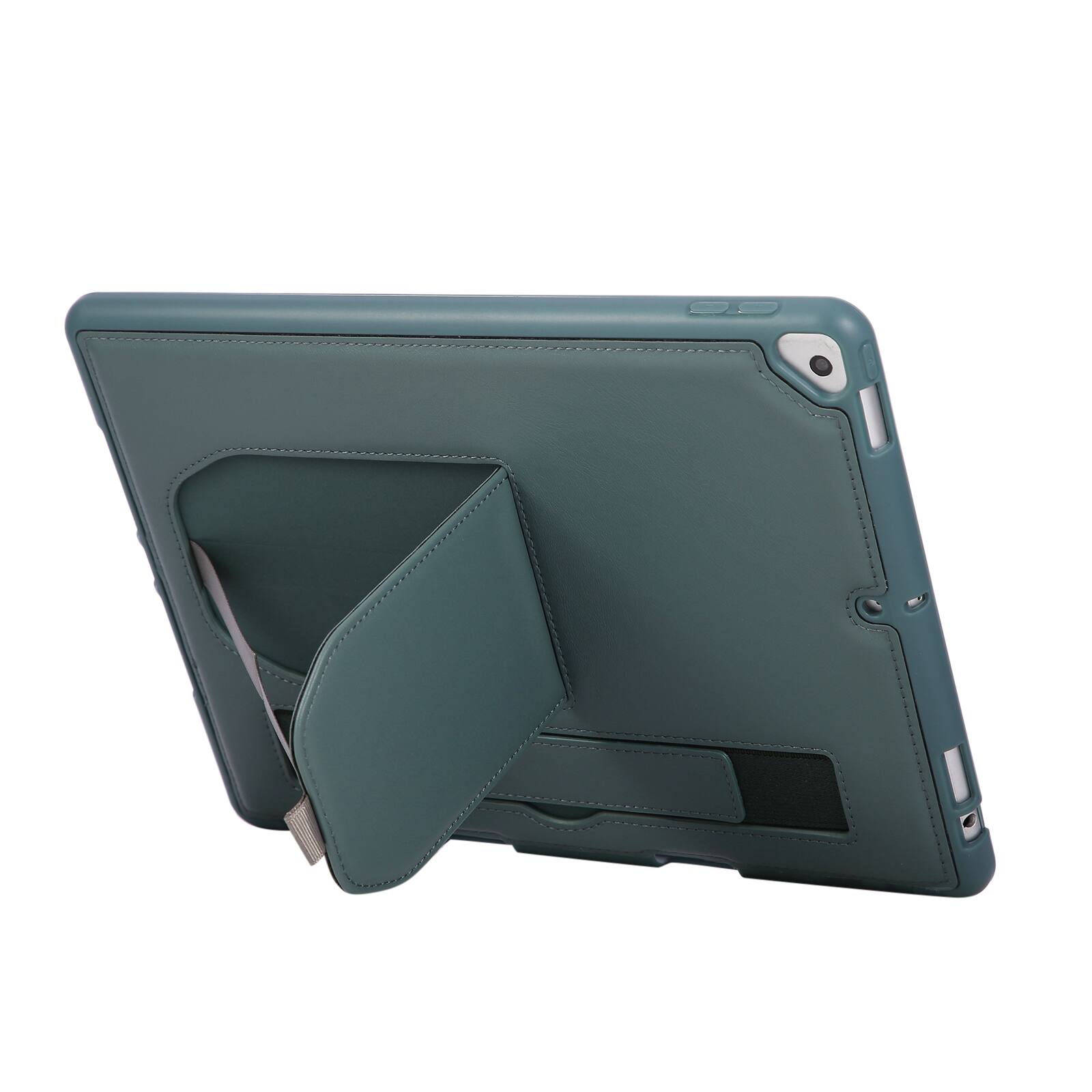 Back. UUCOVER - Case for iPad 9th 8th 7th Gen 10.2-inch (2021/2020/2019) Shockproof PU Leather Hand Strap Kickstand Pencil Holder Cover - Darkgreen.