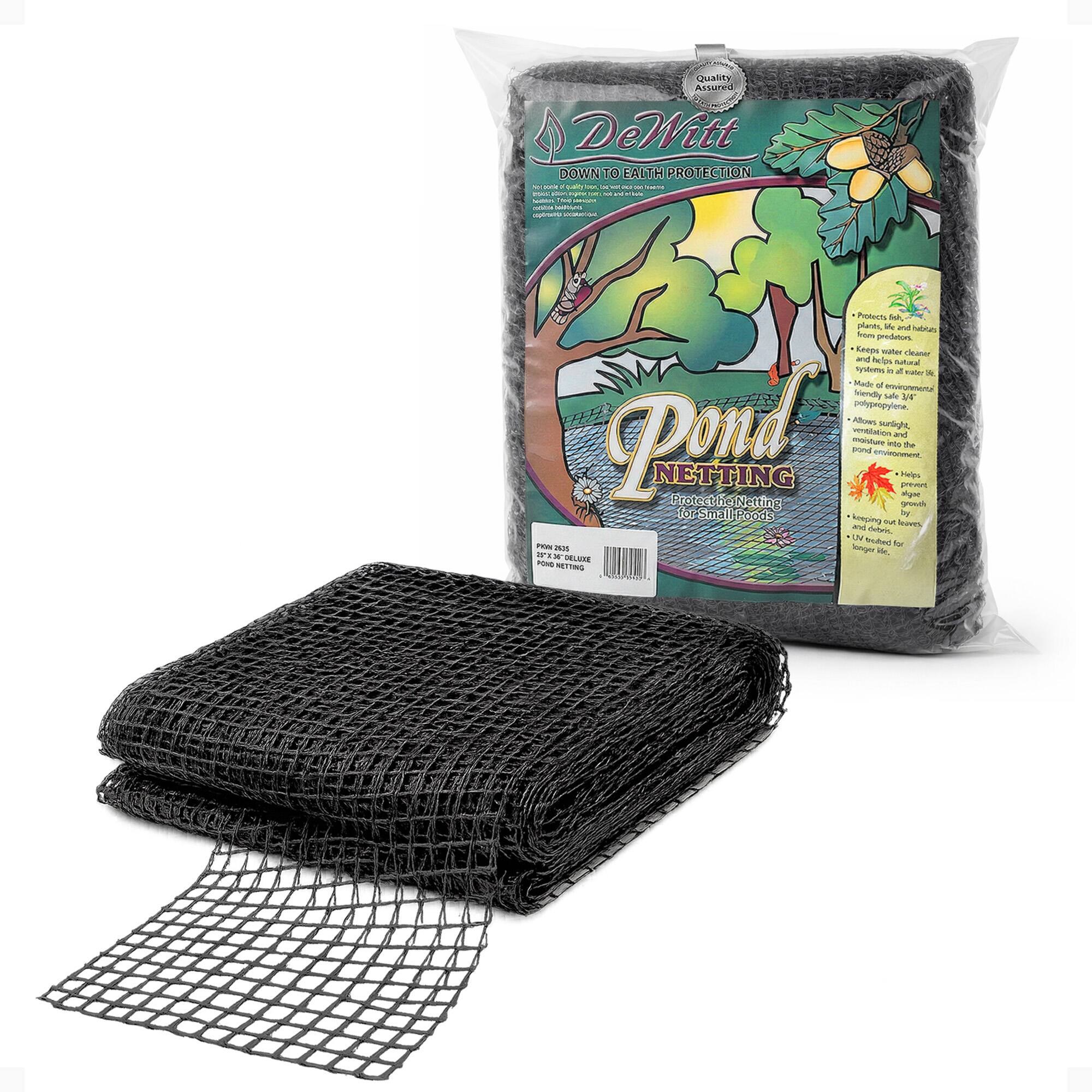 Quality Assured  
DeWitt  
DOWN TO EARTH PROTECTION  

Pond Netting  
Protects the Netting for Small Pools  

- Protects fish and habitats from predators and debris  
- Keeps water cleaner by preventing leaves and debris from entering  
- Made of environmentally friendly polypropylene  
- Allows sunlight to penetrate for healthy plant growth  
- Prevents algae growth  
- Keeps unwanted visitors out  

12' x 20' Collapsible  
1/2" Mesh Netting