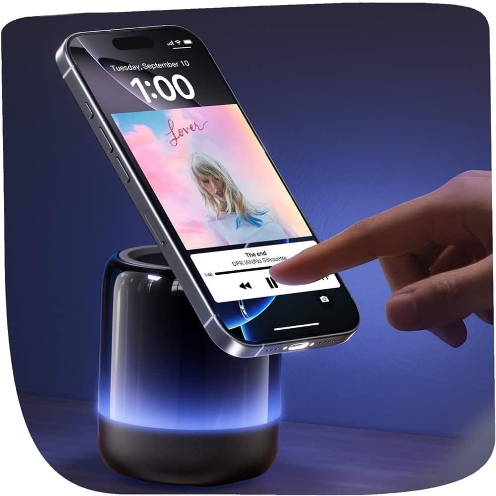 ACJPR - Wireless Induction Bluetooth Speaker with Magnetic Phone Stand, Stereo Sound & LED Lights