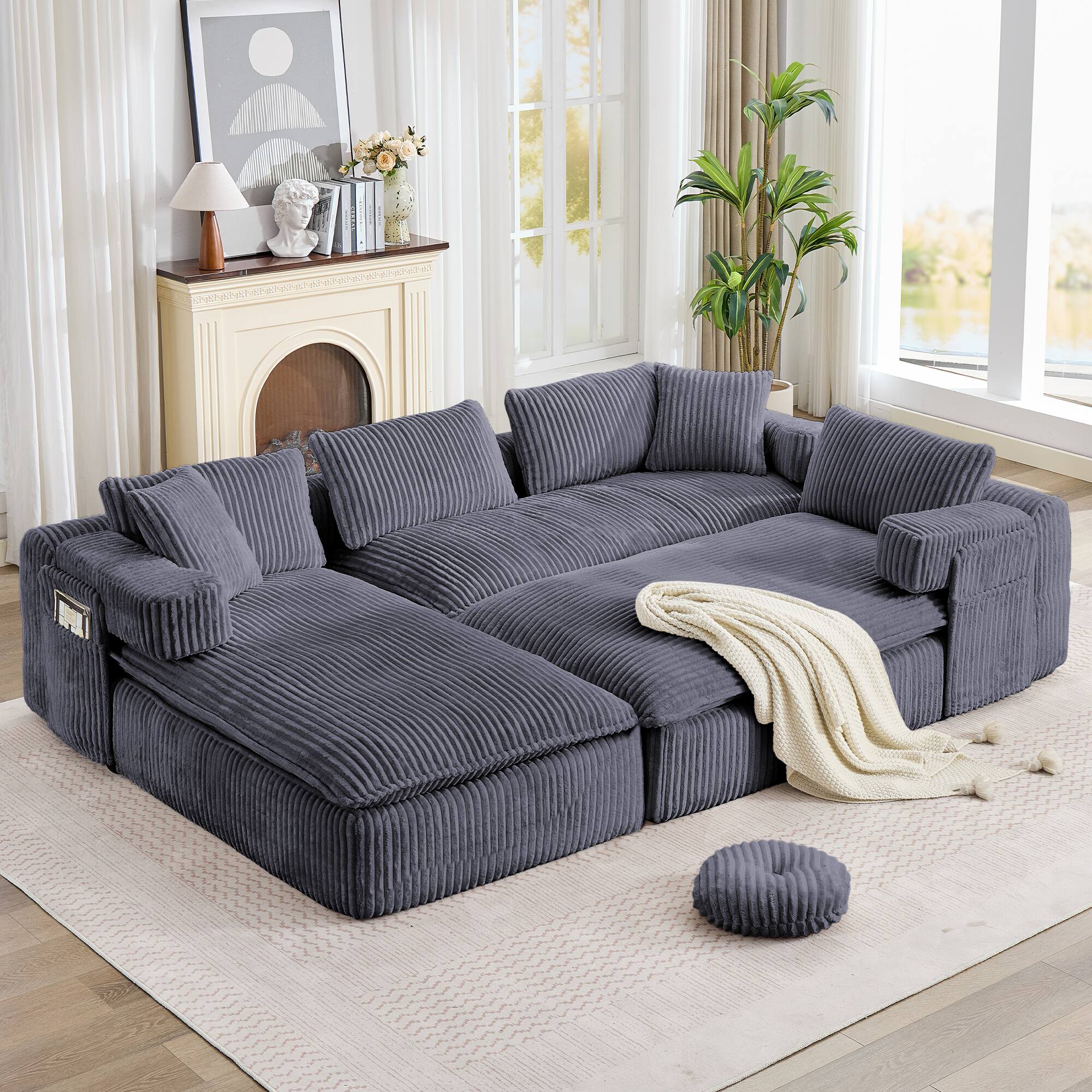 Left. Anysun - 149" Oversized U-Shaped Sectional Sofa – Deep Seat, Side Pocket, Movable Armrests, Corduroy – No Assembly Required - Dark Gray.