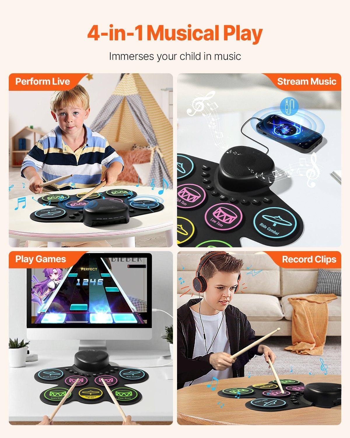 4-in-1 Musical Play  
Immerses your child in music  

Perform Live  
Stream Music  
Play Games  
Record Clips