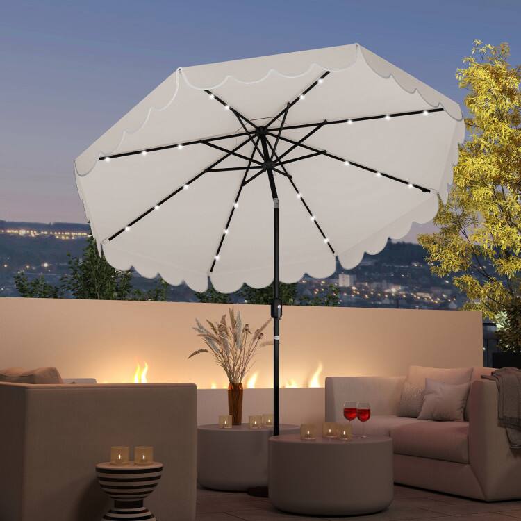 Angle. Mondawe - 9.3 ft Solar Patio Umbrella 24 LED Lights Vented Top Crank Tilt Ruffled - Beige.