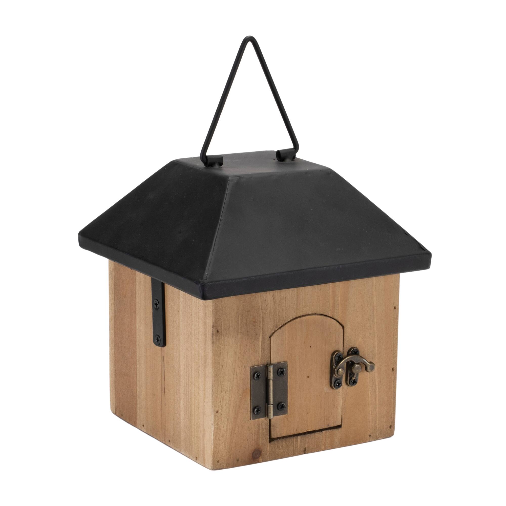 Angle. BreeBe - Wooden Birdhouse with Metal Roof 7.7"H - Brown, Black.