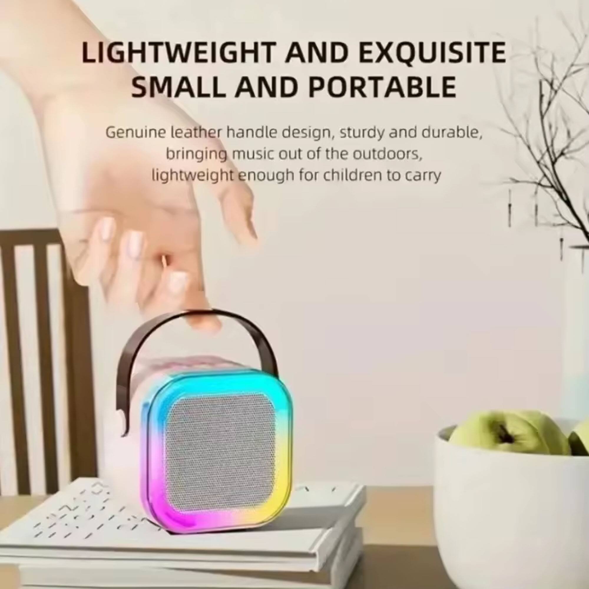 LIGHTWEIGHT AND EXQUISITE SMALL AND PORTABLE

Genuine leather handle design, sturdy and durable, bringing music out of the outdoors, lightweight enough for children to carry