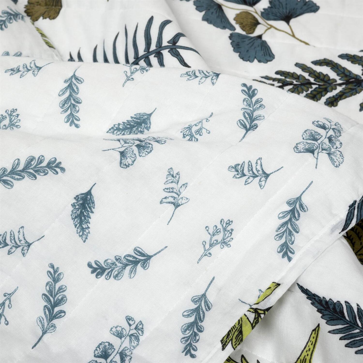 Back. Hivvago - Full/Queen Reversible Cotton Lightweight Floral Fern 3 Piece Quilt Set - White, Blue, Green.