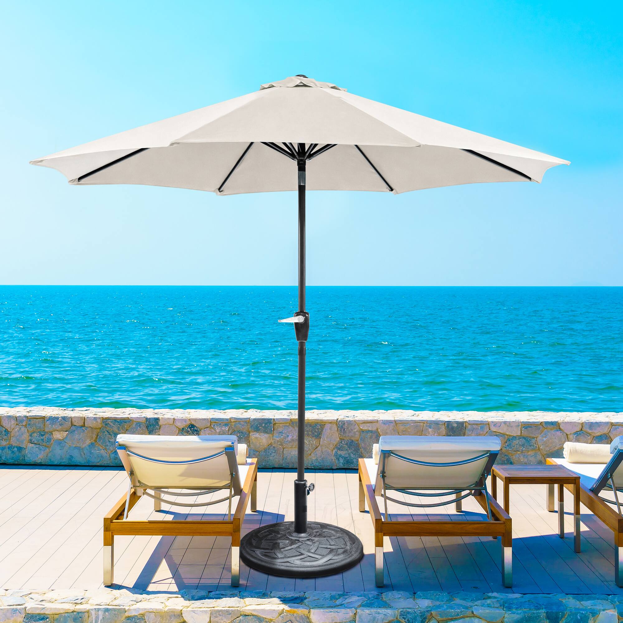 Angle. Vaczon - 9-Foot Outdoor Patio Umbrella with Auto Tilt, Fabric Canopy, Steel Frame, 21" Round Base Included - Beige.