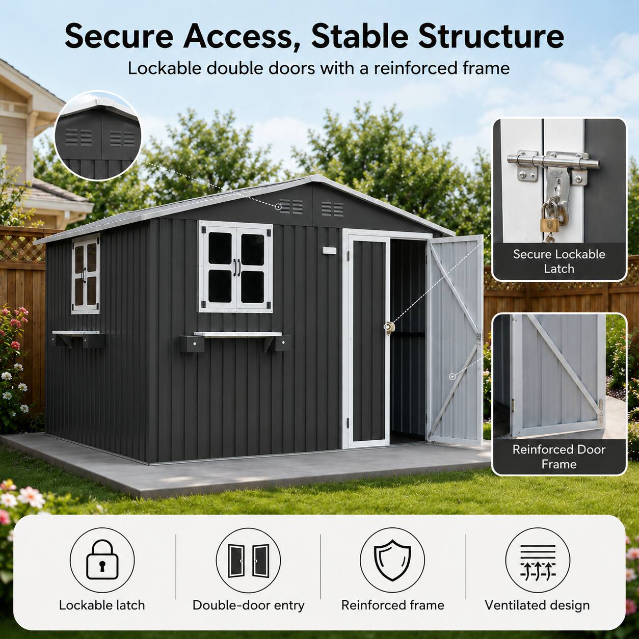 Anysun 10x8 FT Outdoor Metal Storage Shed with Window & Flower