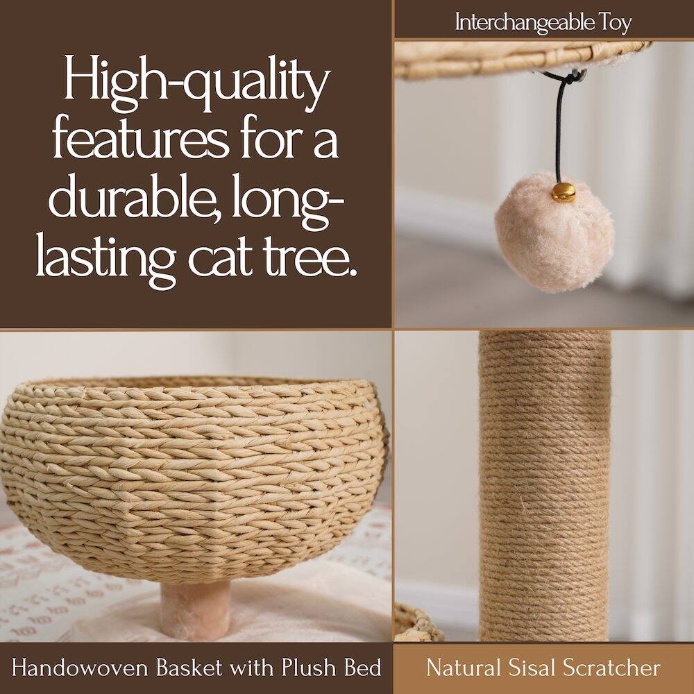 High-quality features for a durable, long-lasting cat tree.

Interchangeable Toy

Handwoven Basket with Plush Bed

Natural Sisal Scratcher