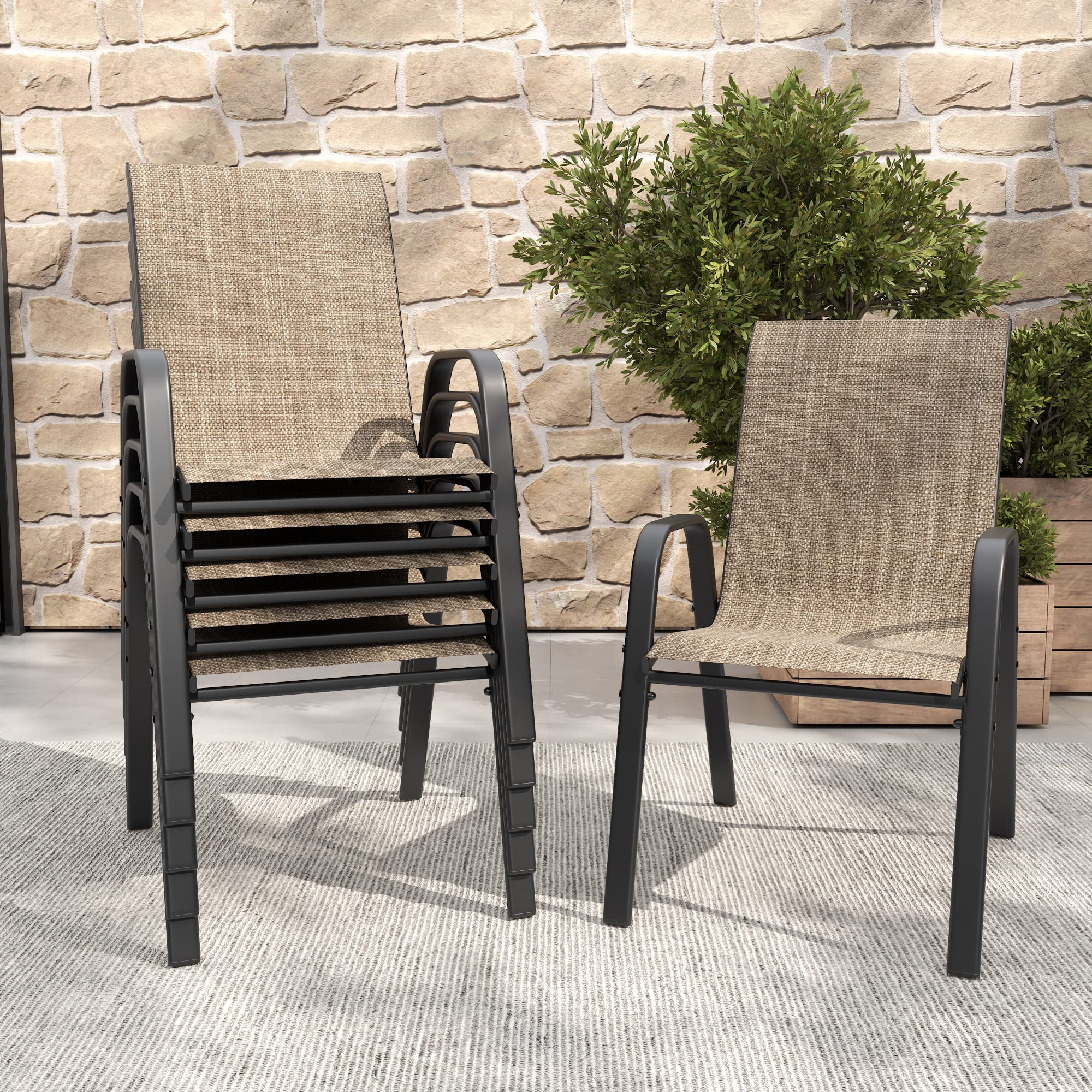 Mondawe - 6-Piece Outdoor Dining Chairs Set, Teslin Fabric and Metal Frame - Blacky+Brown
