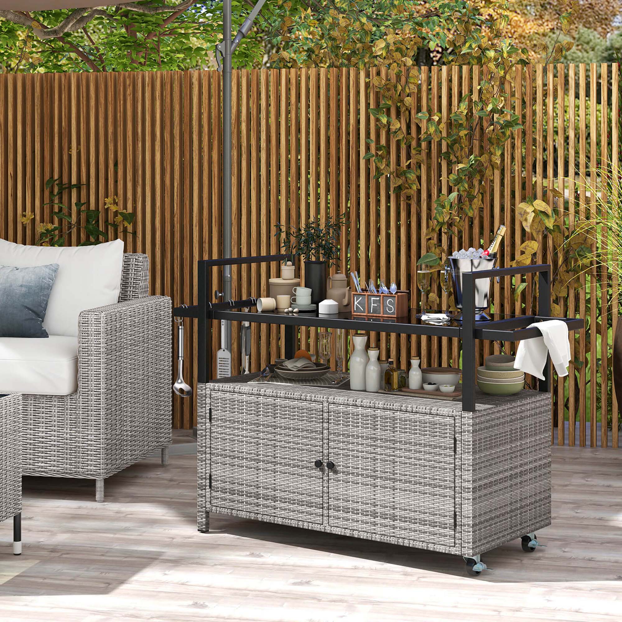 Alt View 1. Costway - Costway Outdoor Bar Cart with Tempered Glass Top Storage Cabinet & 8 Hooks for Porch - Gray.