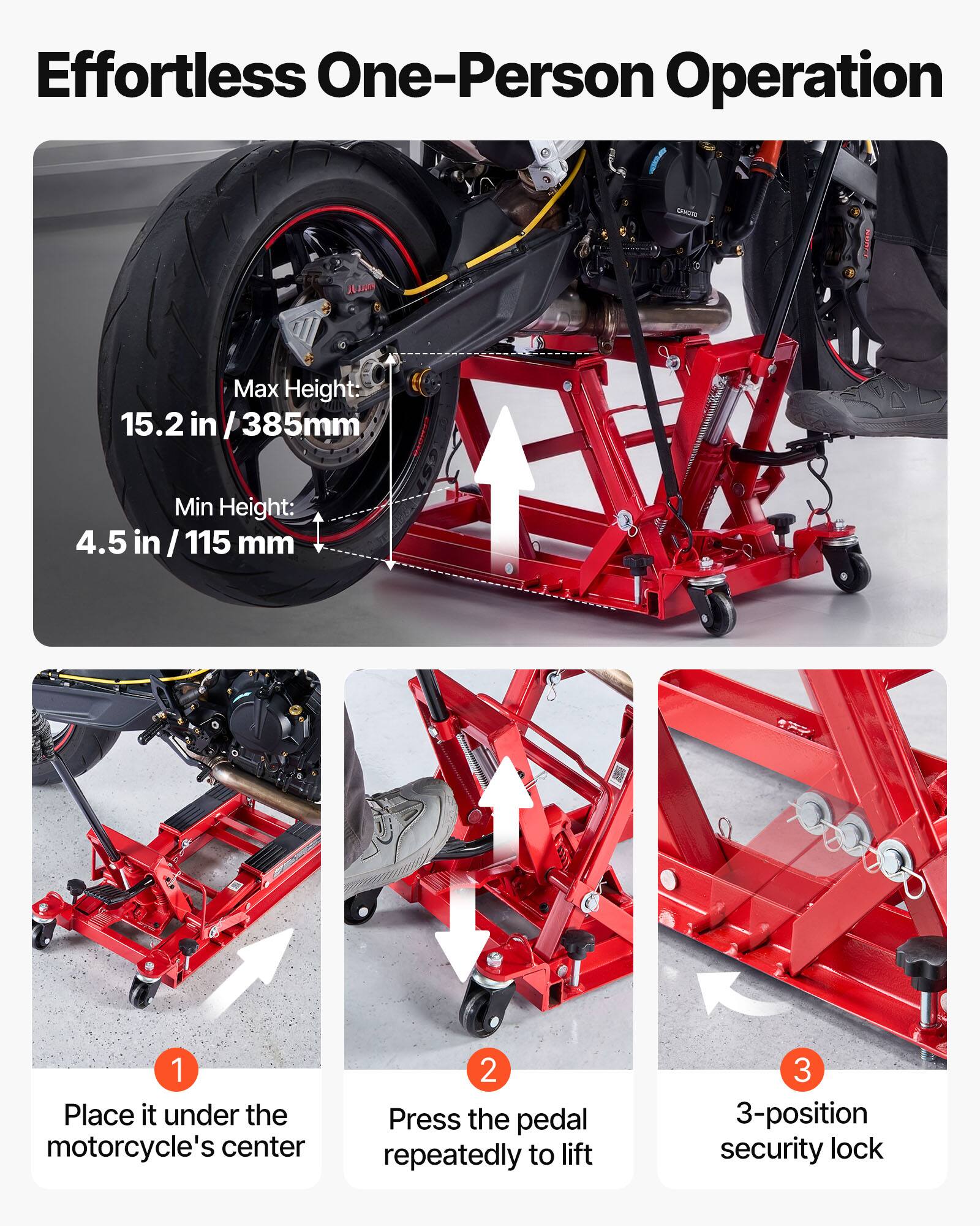 Effortless One-Person Operation

ONES AI

Max Height: 15.2 in / 385mm

Min Height: 4.5 in / 115 mm

1. Place it under the motorcycle's center

2. Press the pedal repeatedly to lift

3. 3-position security lock