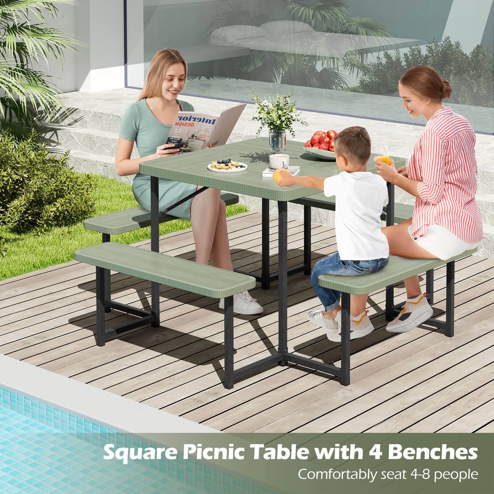 Design Interior: A Square Picnic Table with 4 Benches comfortably seats 4-8 people.