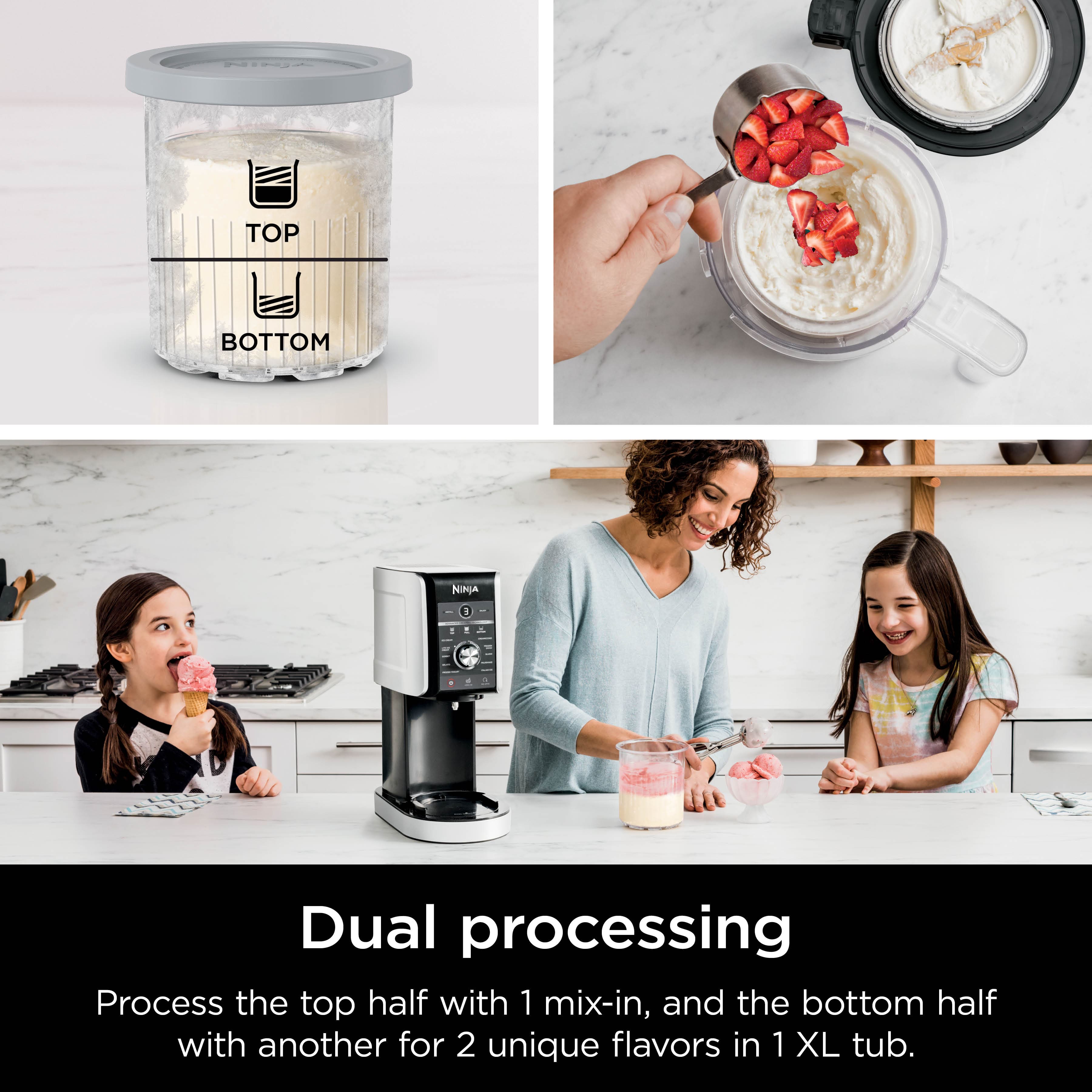 Dual processing: Process the top half with 1 mix-in, and the bottom half with another for 2 unique flavors in 1 XL tub.