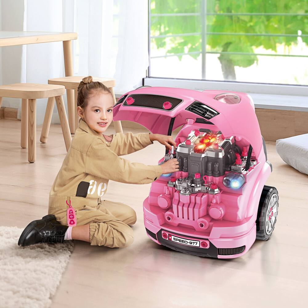 Angle. Ropilly - Ropilly Pink Mechanic Toy Set 61-Piece Engine Disassembly Workshop with Steering Wheel.