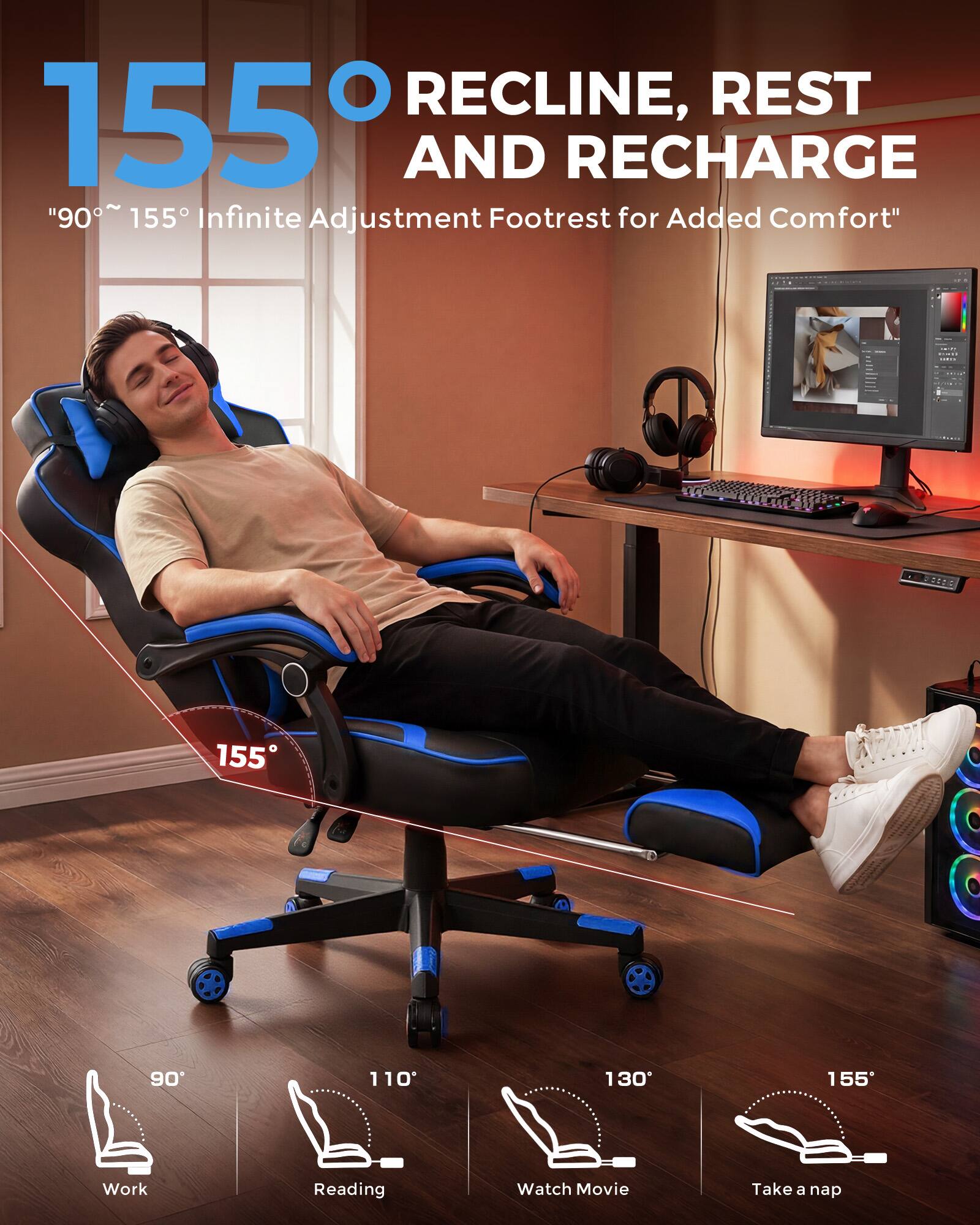 155° RECLINE, REST AND RECHARGE  
"90° ~ 155° Infinite Adjustment Footrest for Added Comfort"  

90° Work  
110° Reading  
130° Watch Movie  
155° Take a nap
