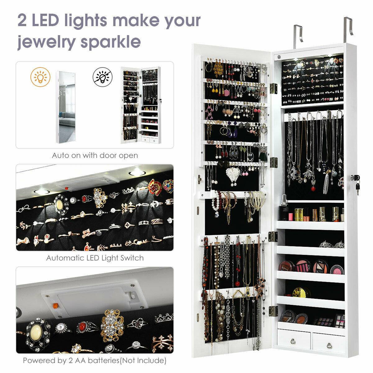 2 LED lights make your jewelry sparkle

- Auto on with door open
- Automatic LED Light Switch
- Powered by 2 AA batteries (Not included)