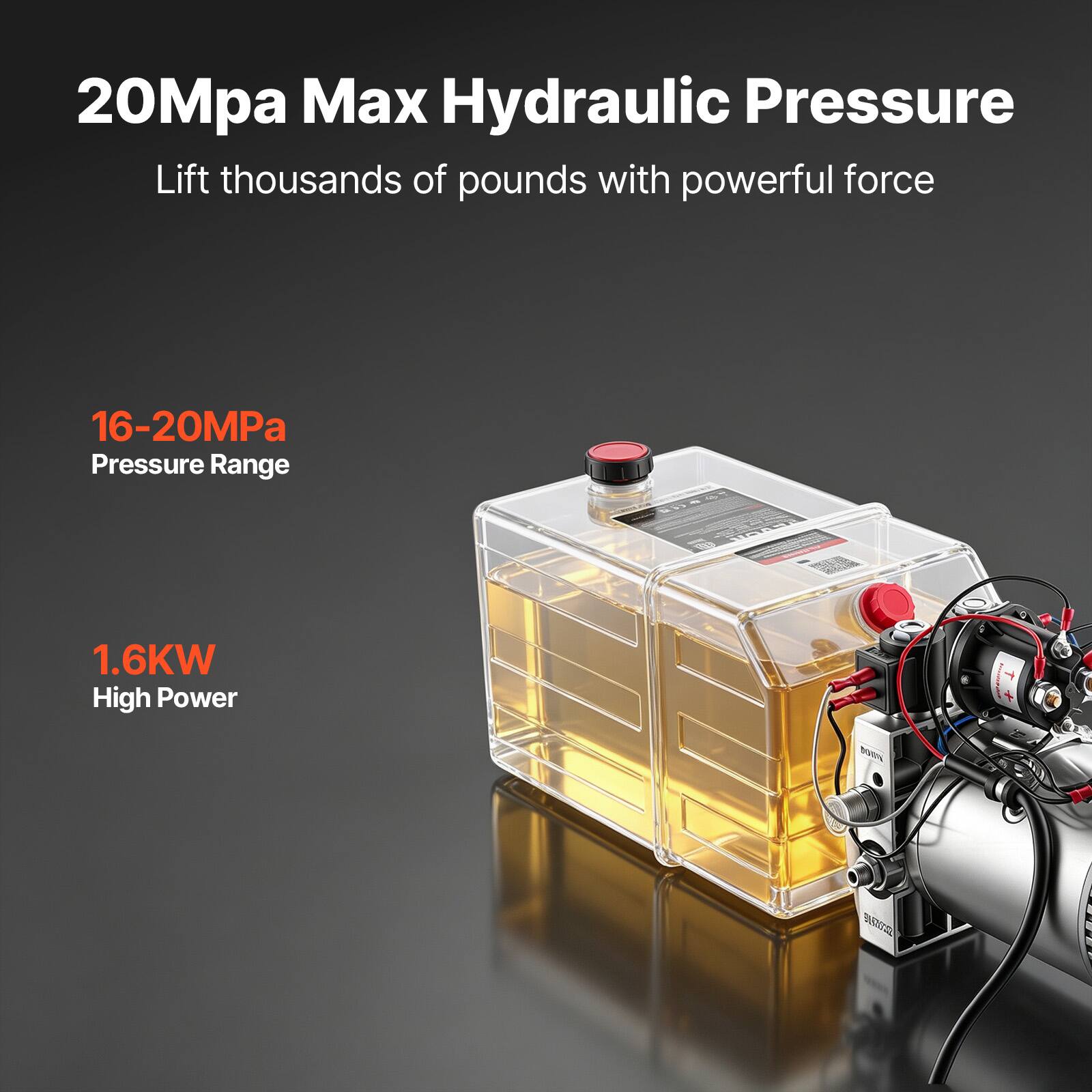 20Mpa Max Hydraulic Pressure  
Lift thousands of pounds with powerful force  
16-20MPa Pressure Range  
1.6KW High Power