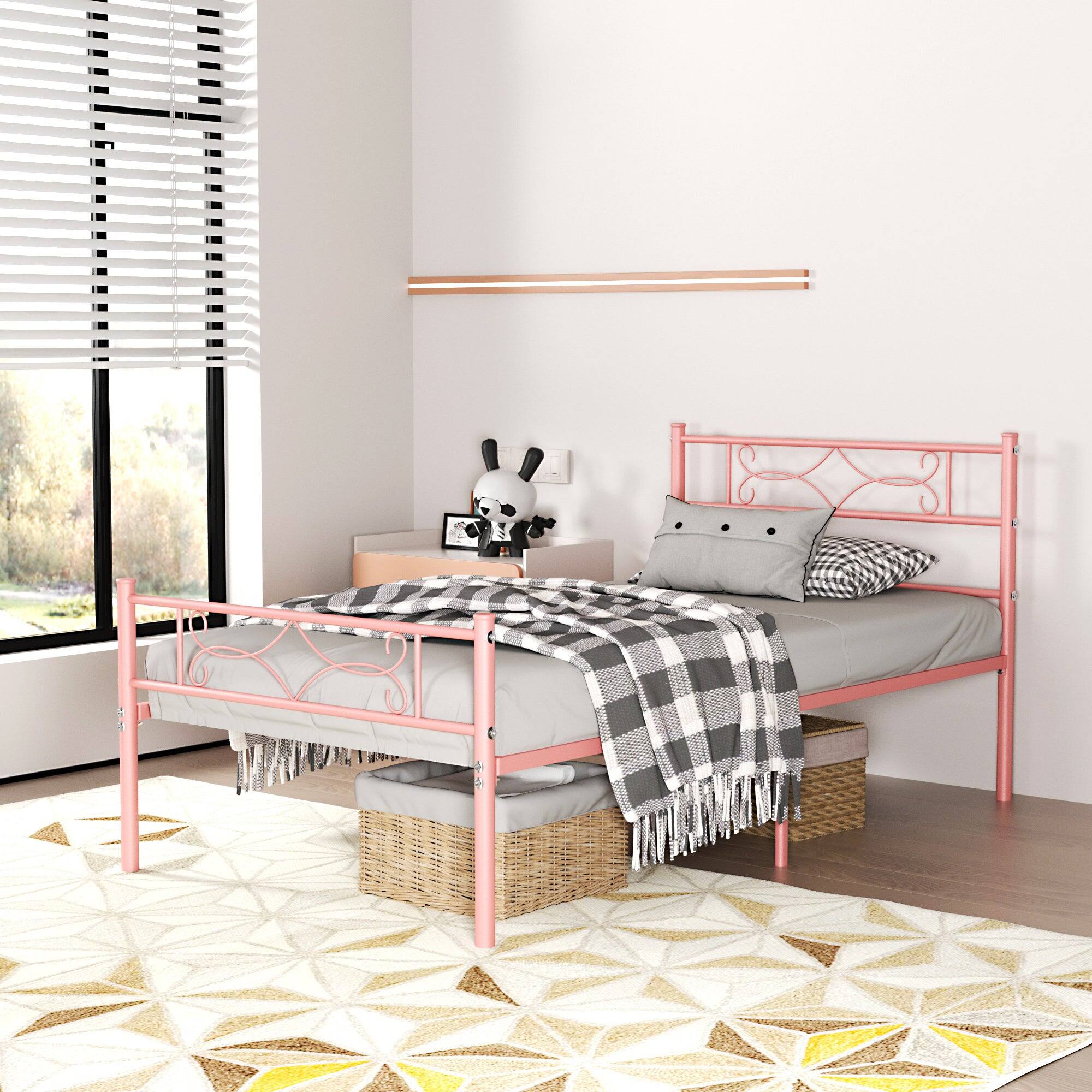 Back. Vecelo - Twin Size Metal Bed Frame with Headboard & Footboard - Heavy Duty 660 lbs Capacity, Ornamental Design & Non-Slip Pads - Pink.