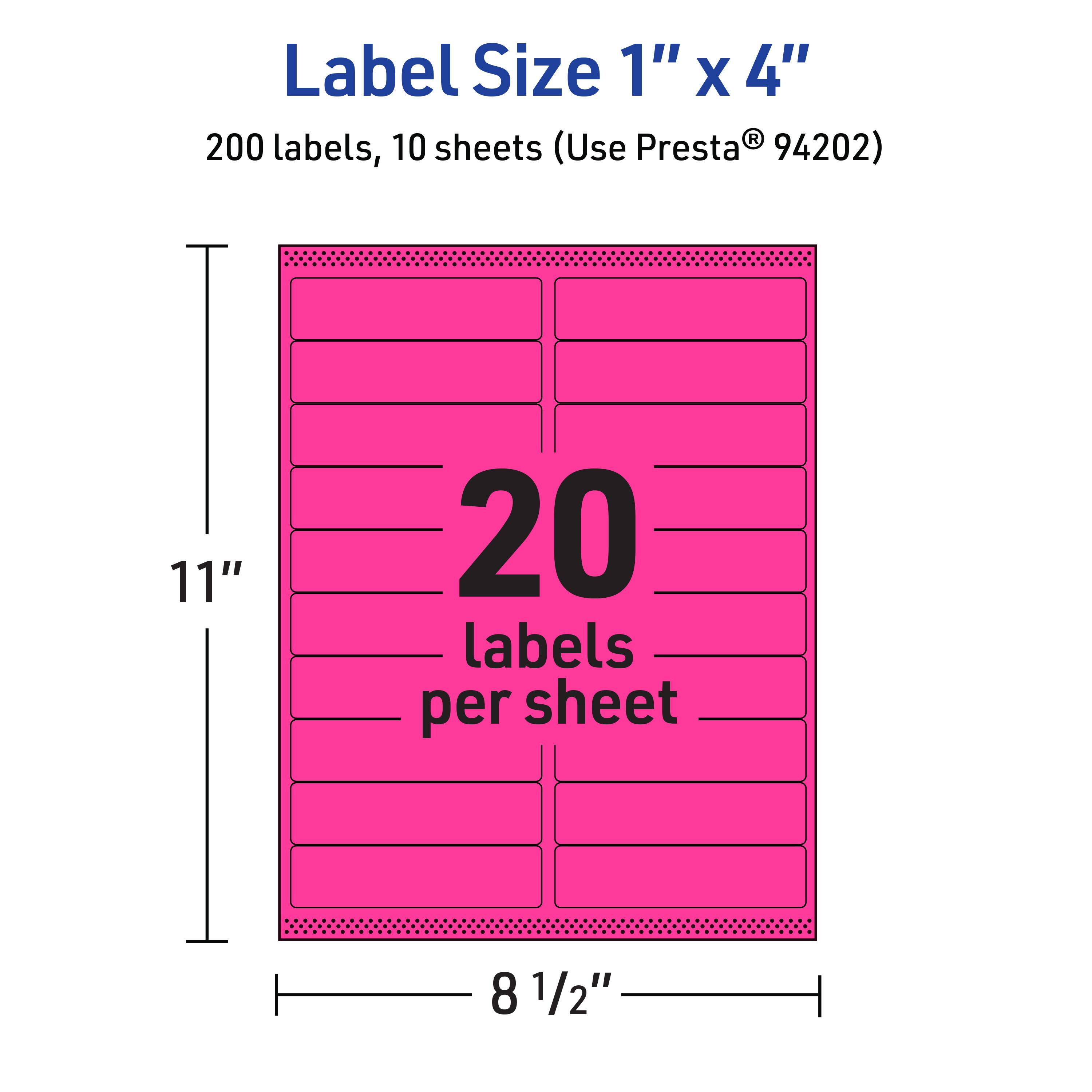 Label Size 1" x 4"  
200 labels, 10 sheets (Use Presta® 94202)  
11" x 8 1/2"  
20 labels per sheet