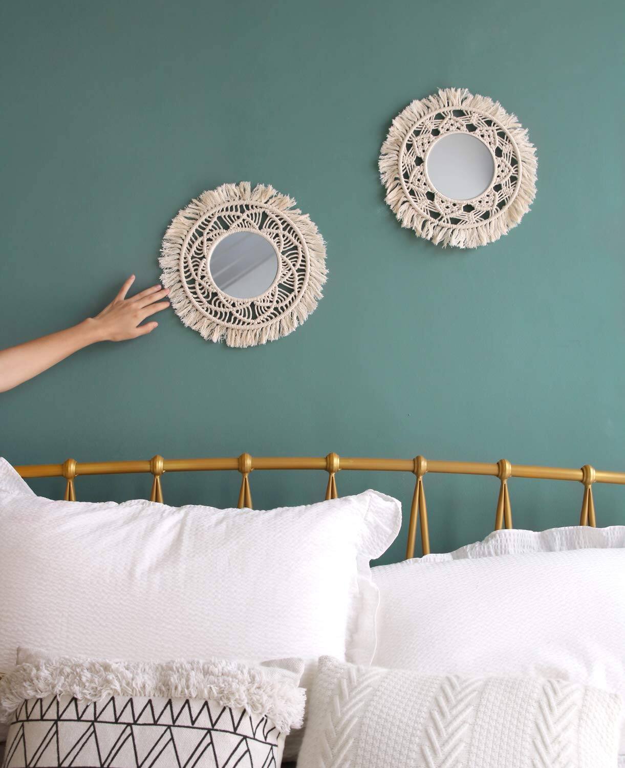 Back. PO3TICJUNKI3 - Hanging Wall Mirror With Macrame Fringe Set Decoration Boho Antique For Apartment - Default.