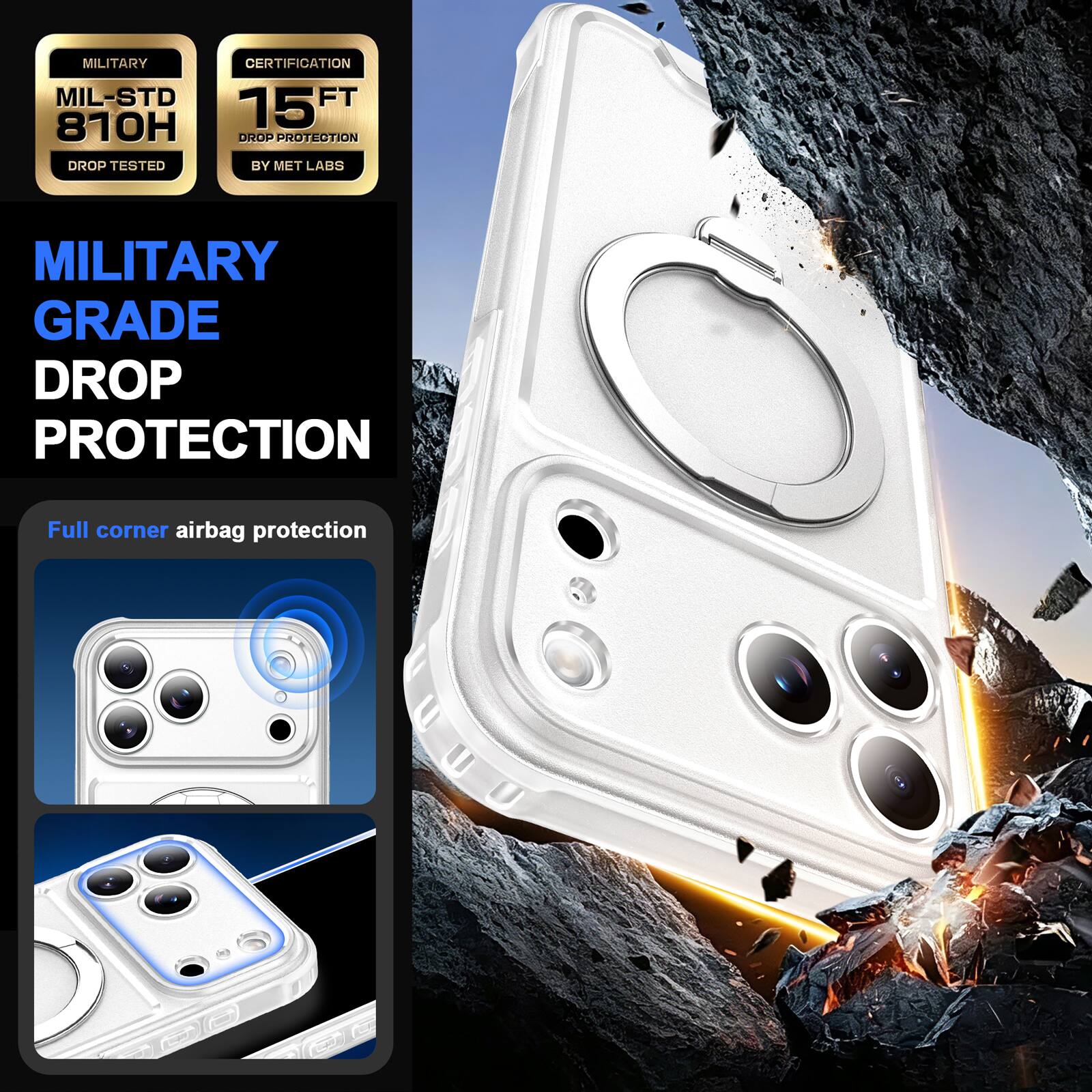 MILITARY CERTIFICATION  
MIL-STD 810H  
15FT DROP PROTECTION  
DROP TESTED BY MET LABS  

MILITARY GRADE DROP PROTECTION  

Full corner airbag protection