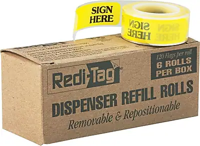 RediTag
DISPENSER REFILL ROLLS
120 Flags per roll
6 ROLLS PER BOX
Removable & Repositionable
SIGN HERE
