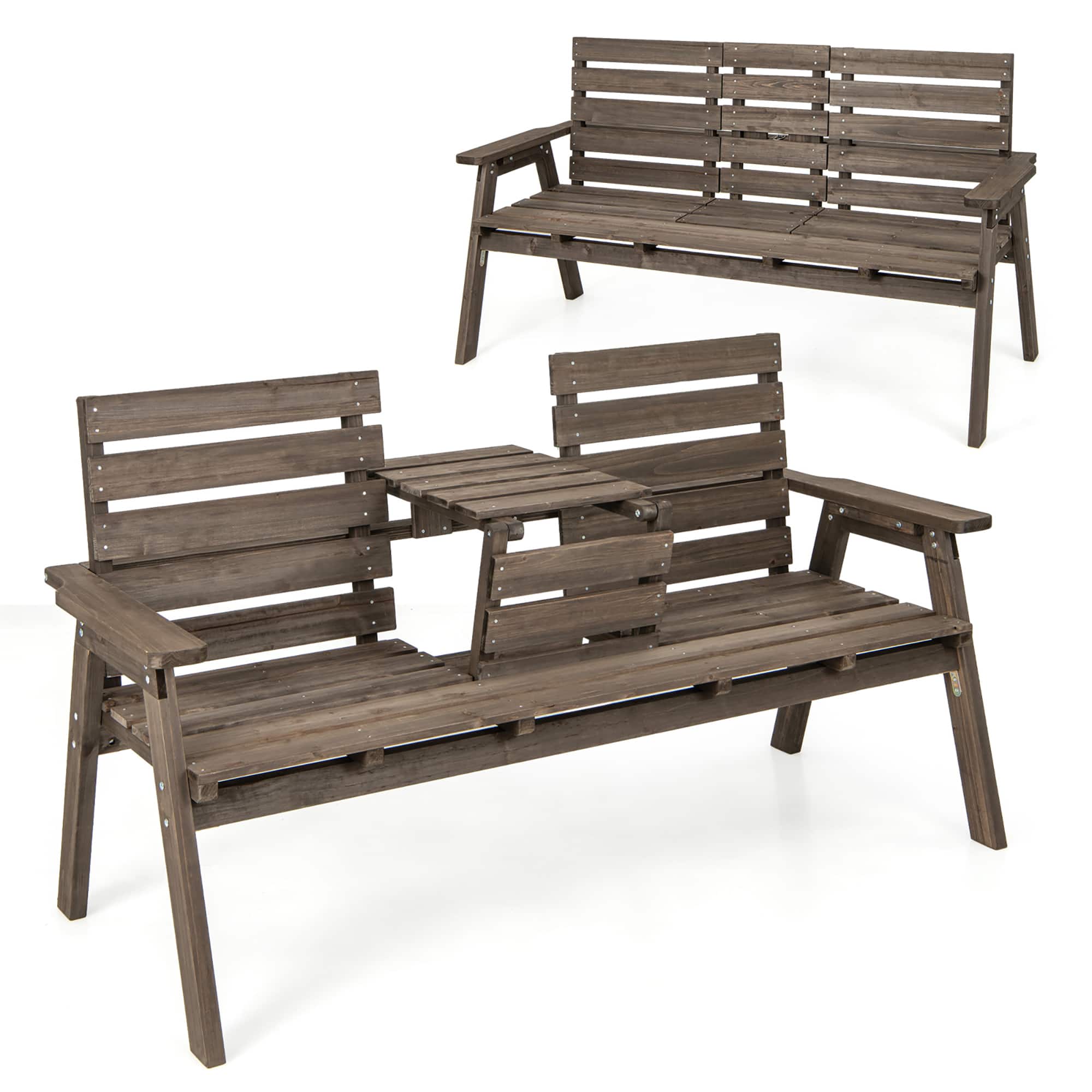 Gymax - Outdoor Fir Wood Bench w/ Foldable Middle Table w/ Backrest & Armrests - Coffee