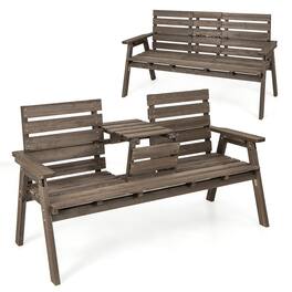 Gymax - Outdoor Fir Wood Bench w/ Foldable Middle Table w/ Backrest & Armrests - Coffee