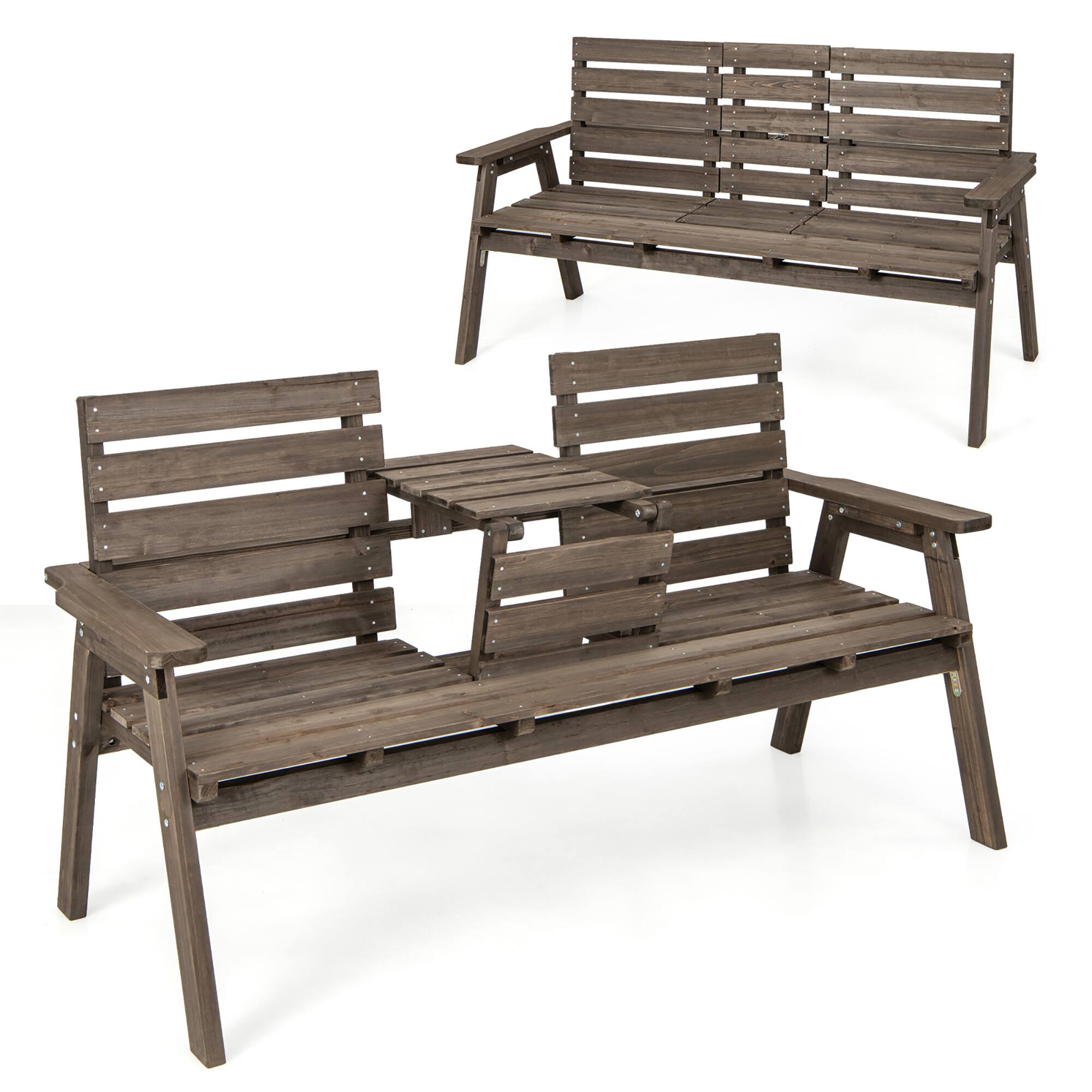 Front. Gymax - Gymax Outdoor Fir Wood Bench w/ Foldable Middle Table w/ Backrest & Armrests - Coffee.