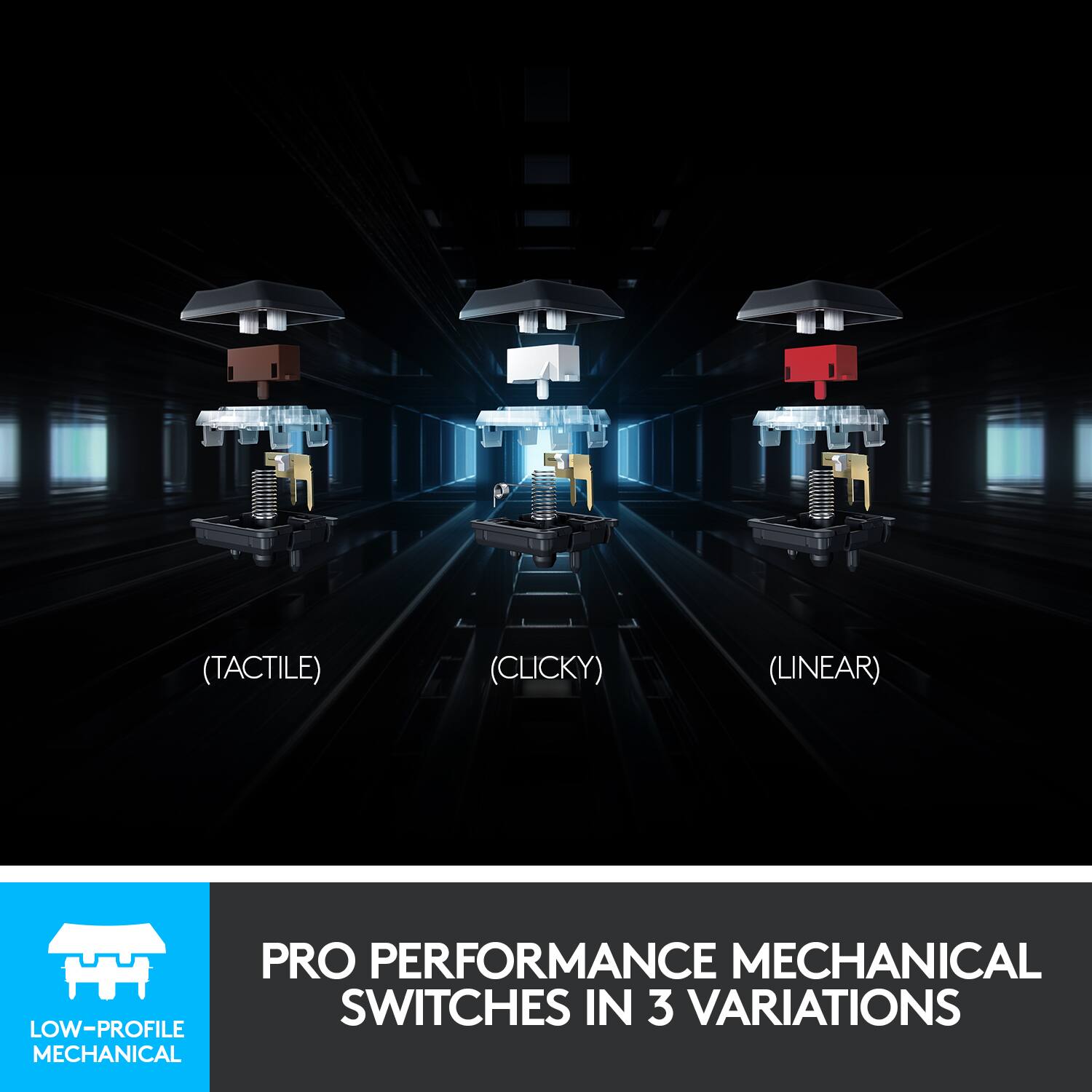 Pro Performance Mechanical Switches in 3 Variations: Tactile, Clicky, Linear.
