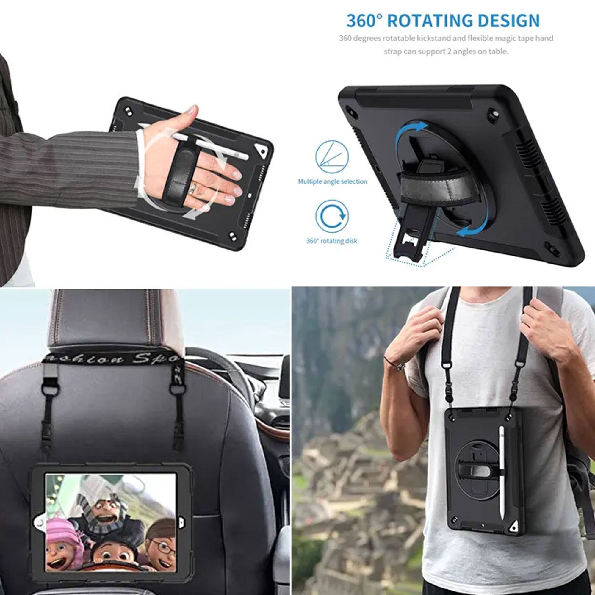 360° ROTATING DESIGN  
360 degrees rotatable kickstand and flexible magic tape hand strap can support 2 angles on table.  

Multiple angle selection  
360° rotating disk